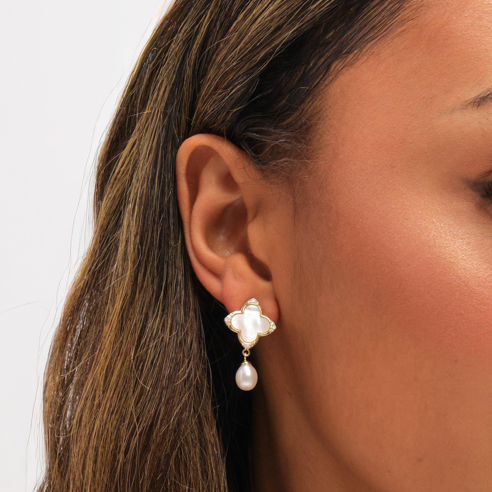 Gold - Jon Richard - Gold Mother of Pearl Clover Earrings - 2