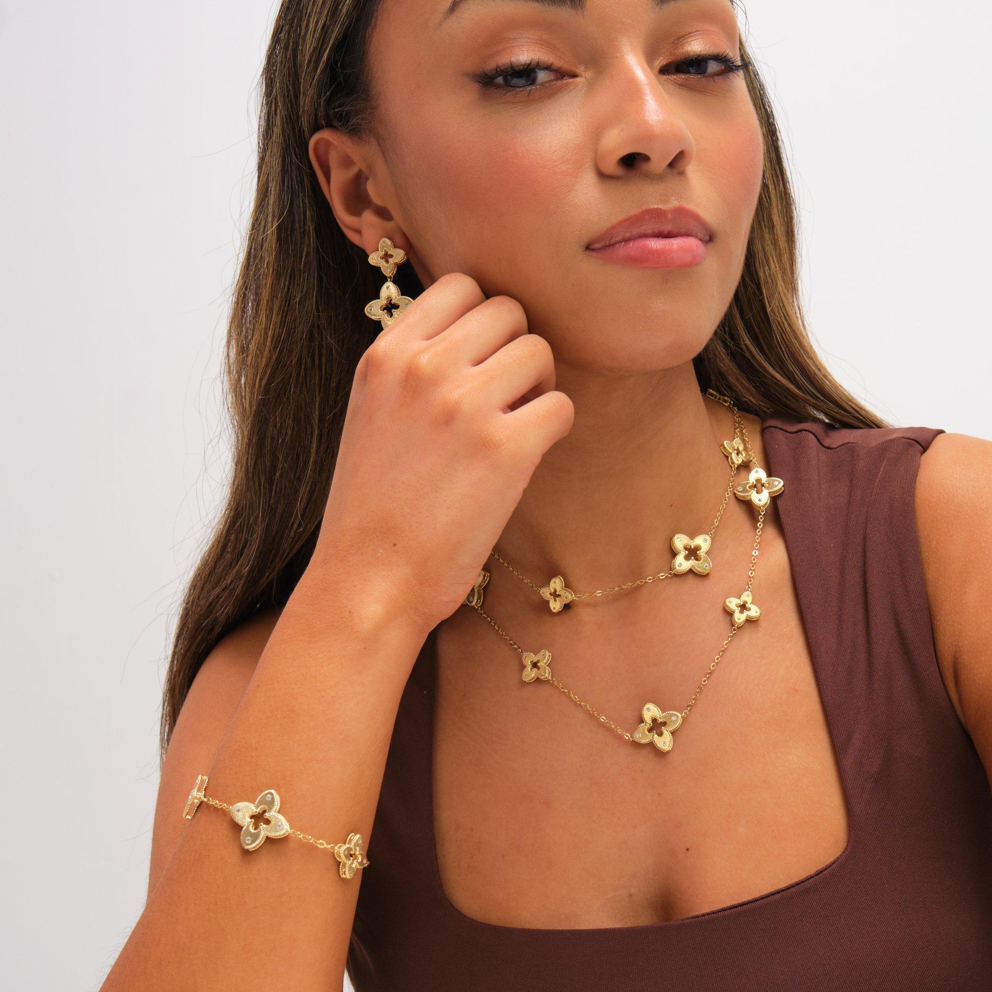 Gold - Jon Richard - Gold Plated Textured Crystal Clover Long Necklace - 3