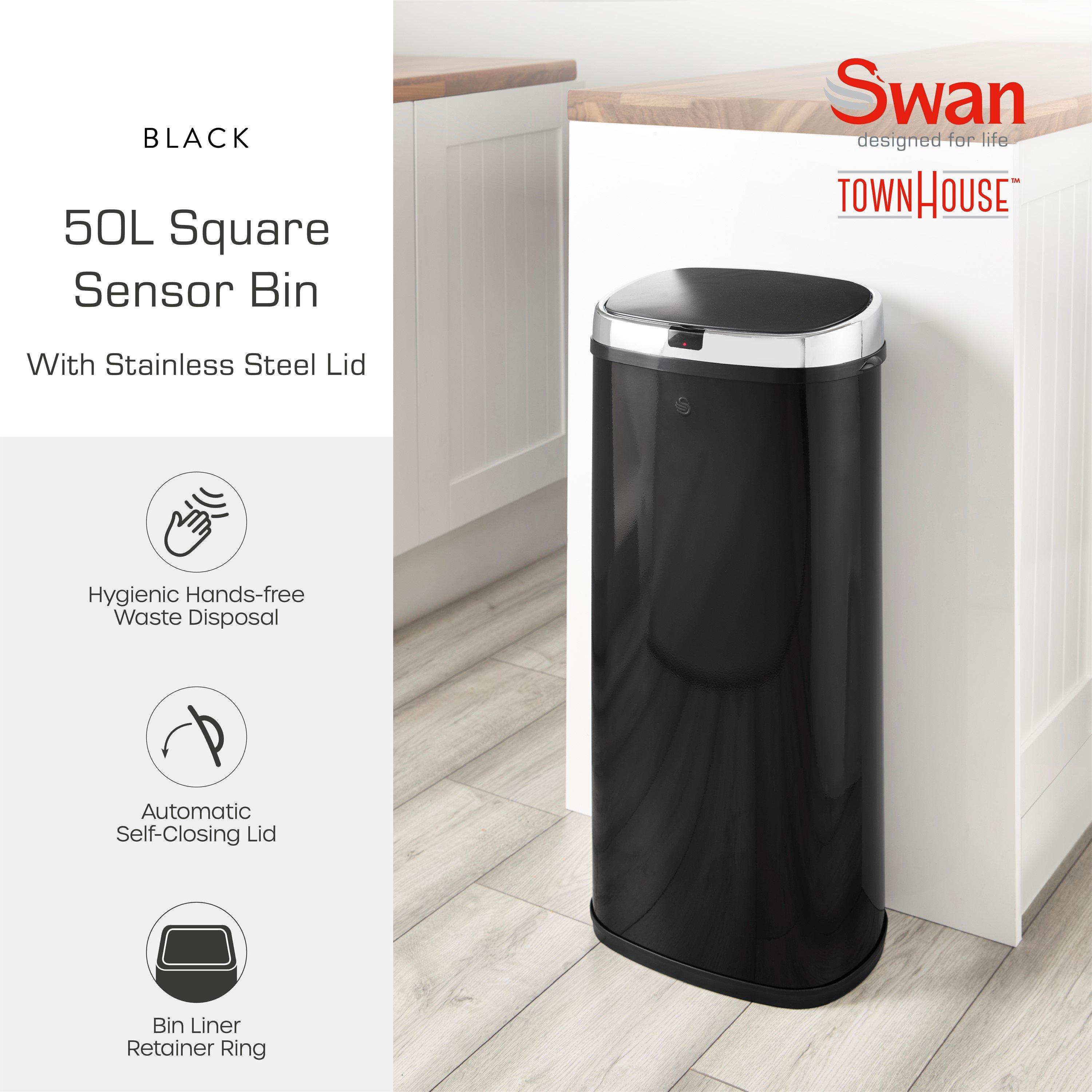 Black - Swan - 50L Square Sensor Bin Black - 2