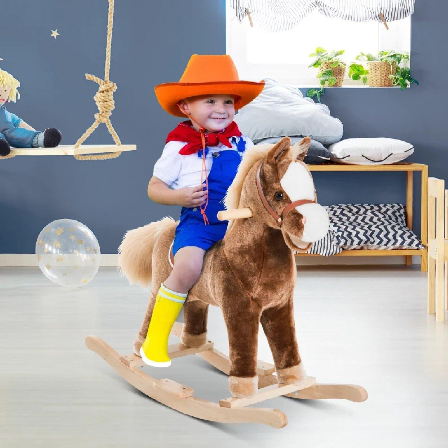 Brown - HOMCOM - Kids Plush Rocking Horse With Wooden Base - 2