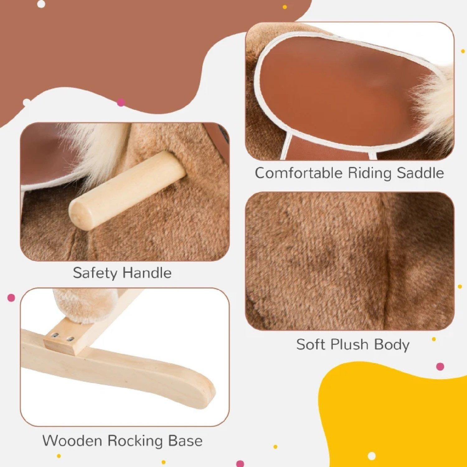 Brown - HOMCOM - Kids Plush Rocking Horse With Wooden Base - 5
