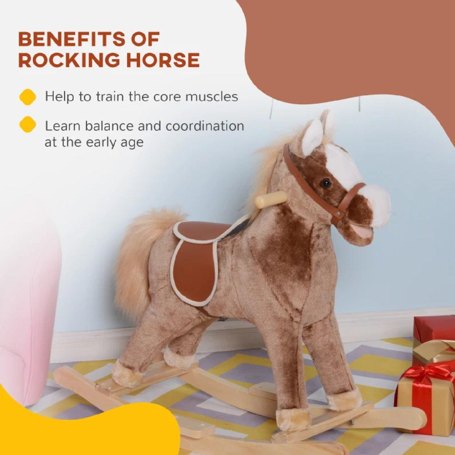 Brown - HOMCOM - Kids Plush Rocking Horse With Wooden Base - 6