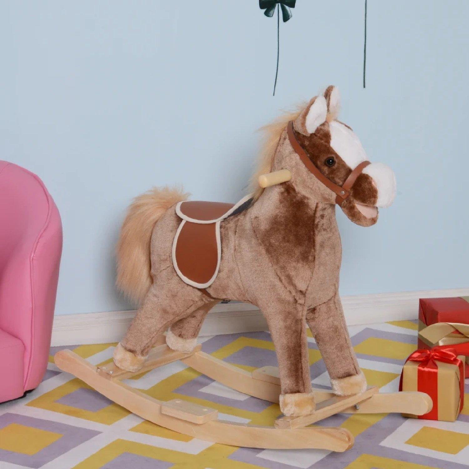 Brown - HOMCOM - Kids Plush Rocking Horse With Wooden Base - 10