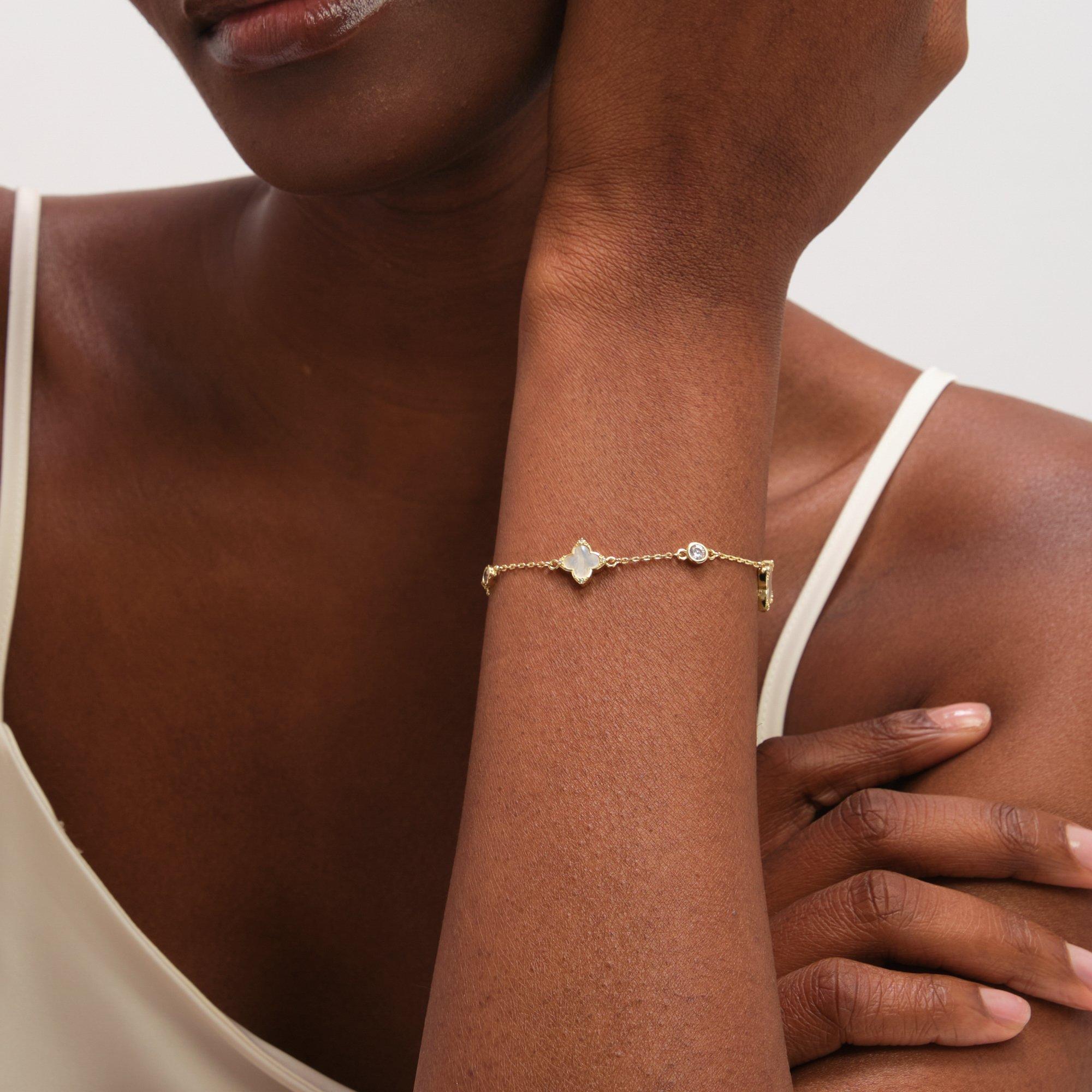 Gold - Jon Richard - Gold Mother of Pearl Crystal Clover Bracelet - 4