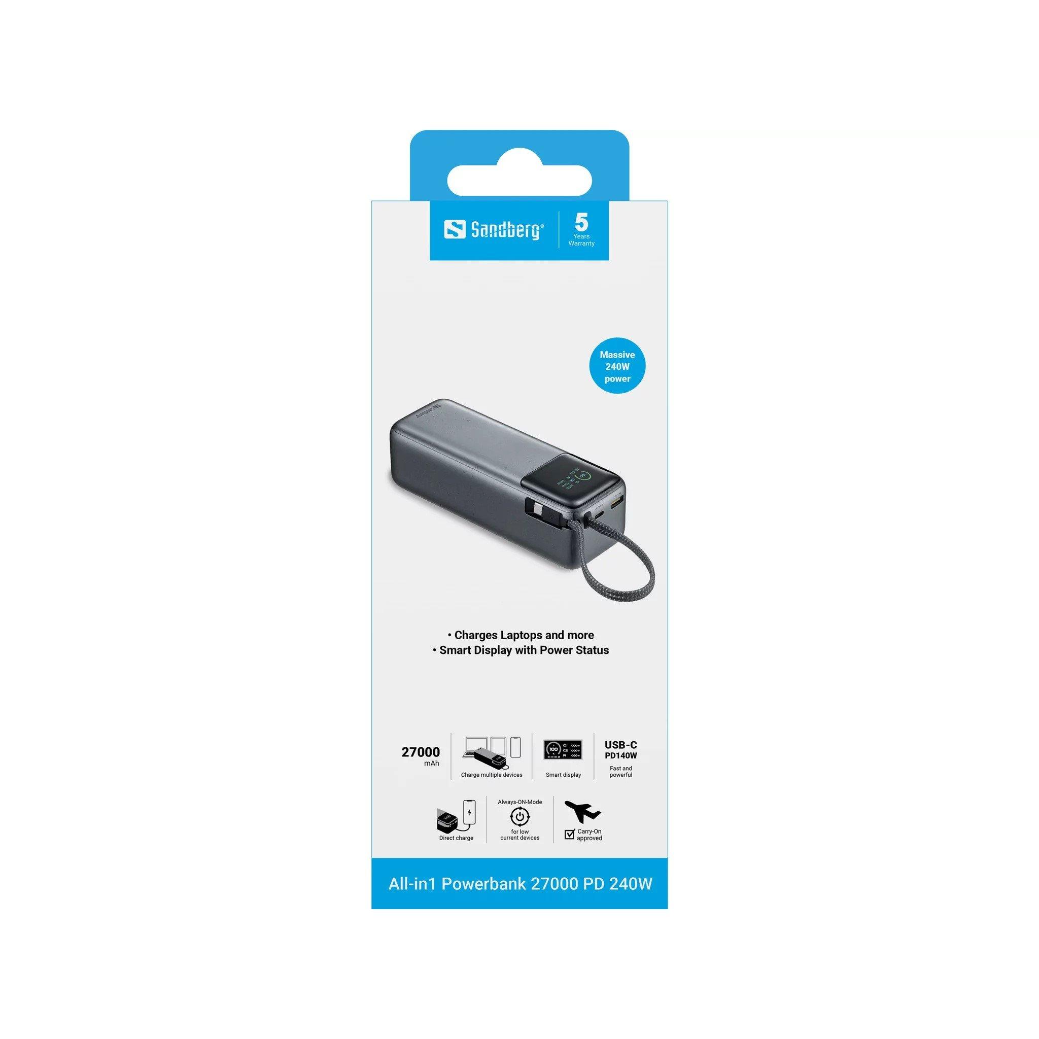 Black - Sandberg - All-in1 Powerbank 27000mAh PD 240W - 6