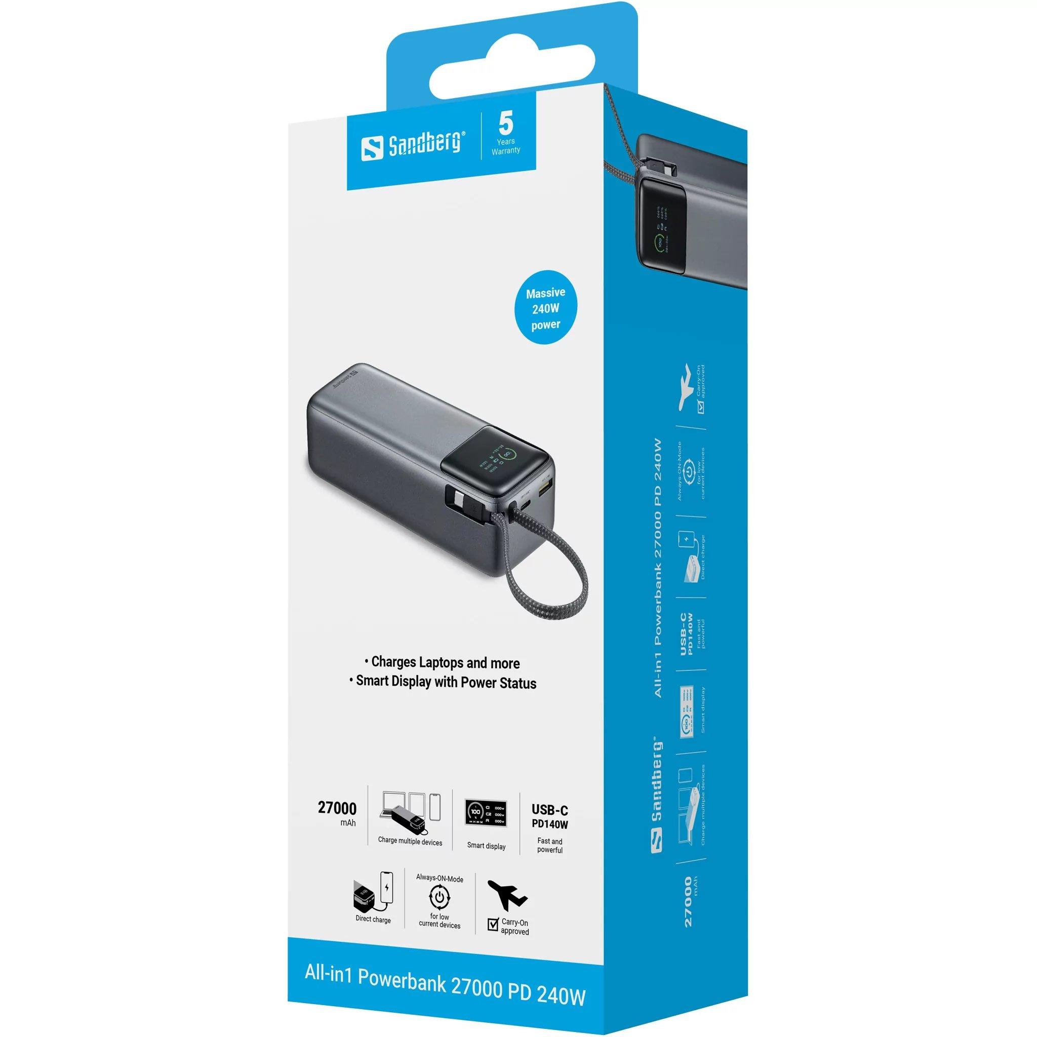 Black - Sandberg - All-in1 Powerbank 27000mAh PD 240W - 7