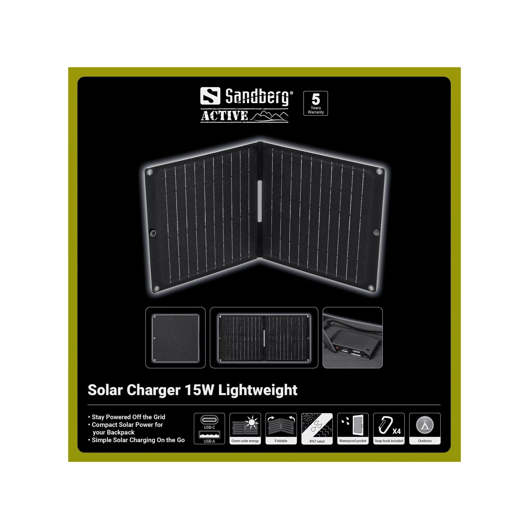 Black - Sandberg - Solar charger lightweight - 15 Watt - 2 A - 2 output connectors (USB USB-C) - 6