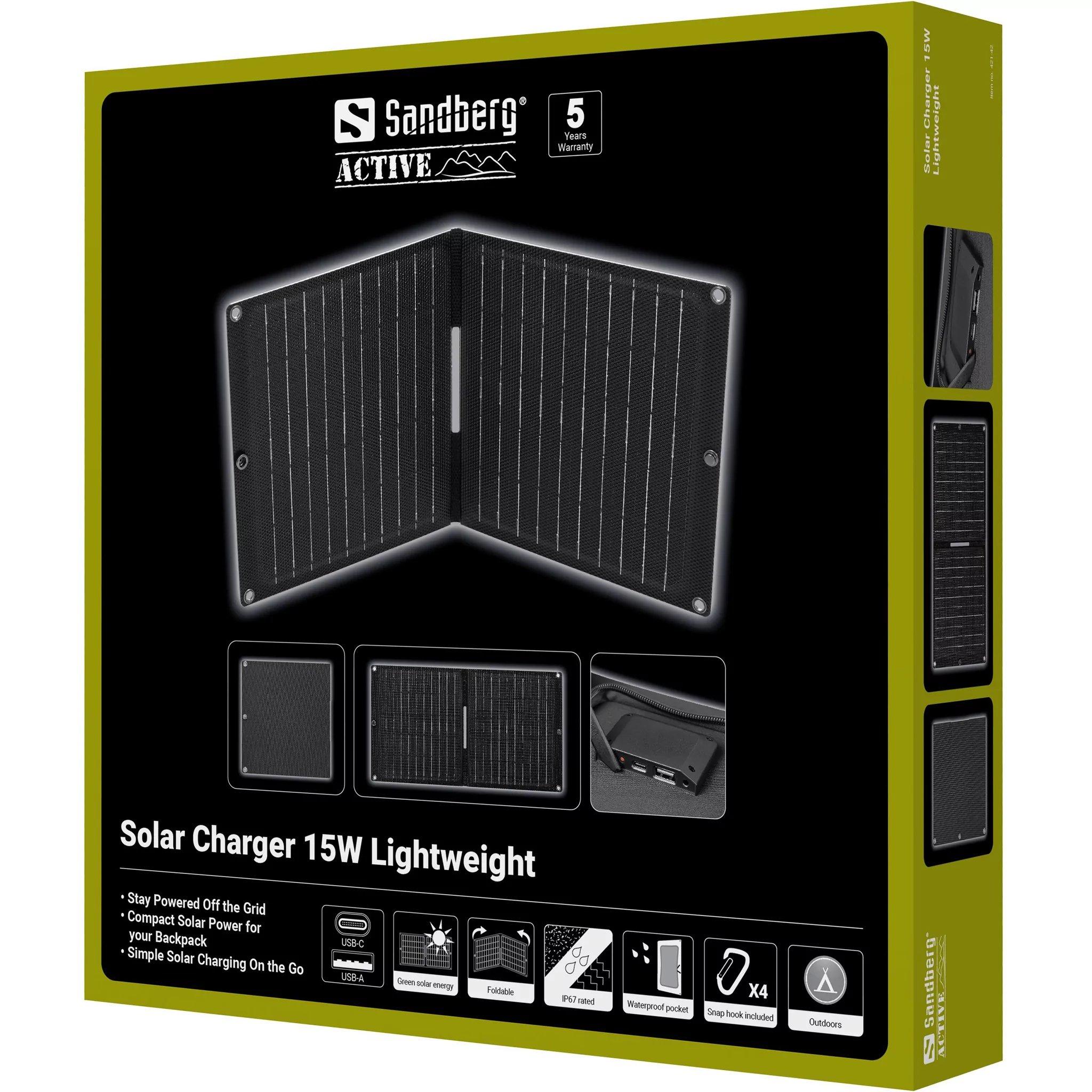 Black - Sandberg - Solar charger lightweight - 15 Watt - 2 A - 2 output connectors (USB USB-C) - 7