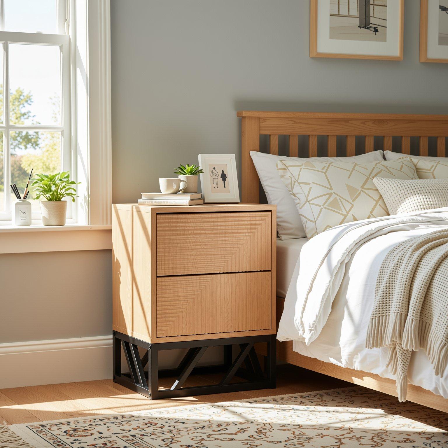 Biba  Mabel Grooved Oak Colour Wooden Bedside Table With 2 Drawers - Brown