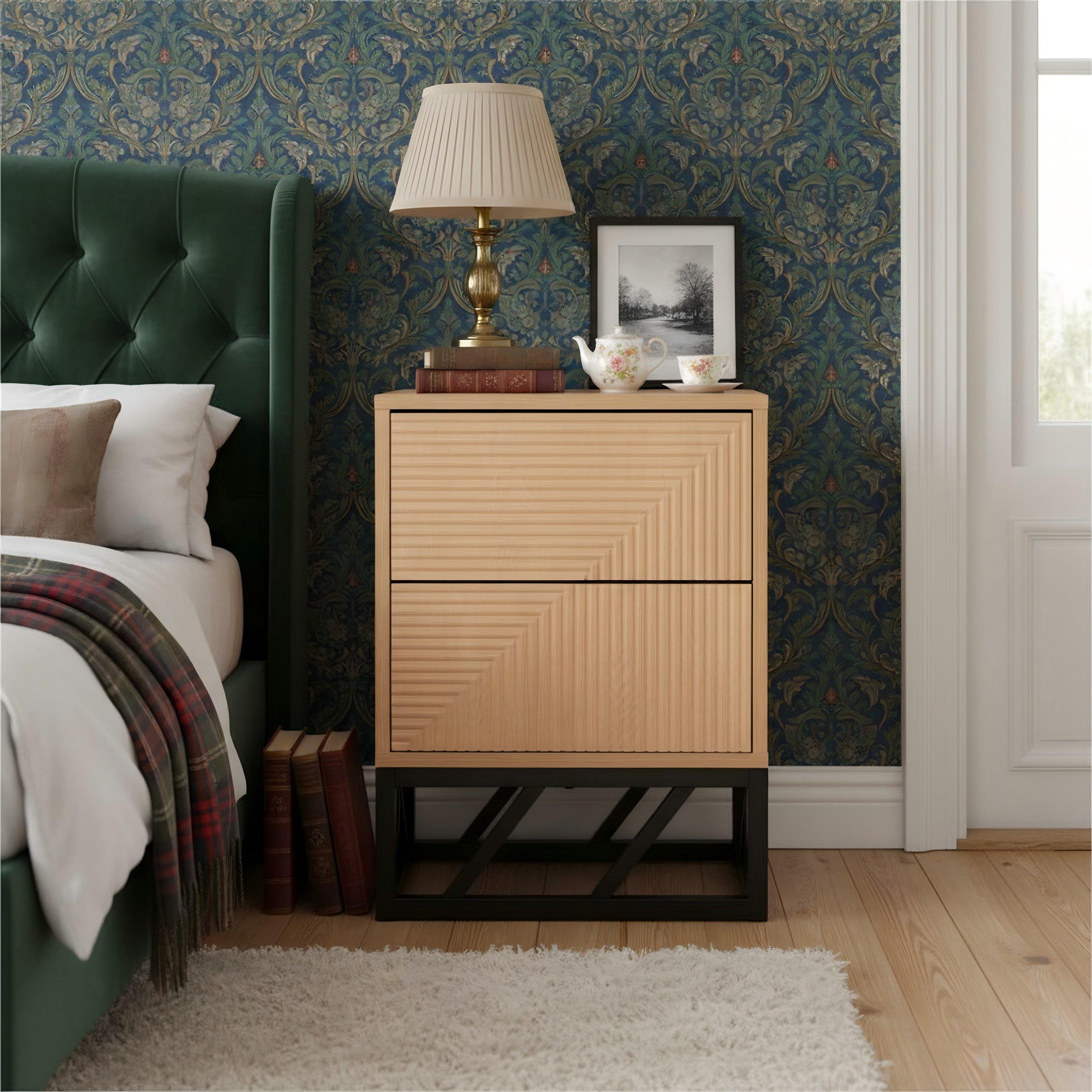 Braun - Biba - Grooved Oak Colour Wooden Bedside Table with 2 Drawers - 3