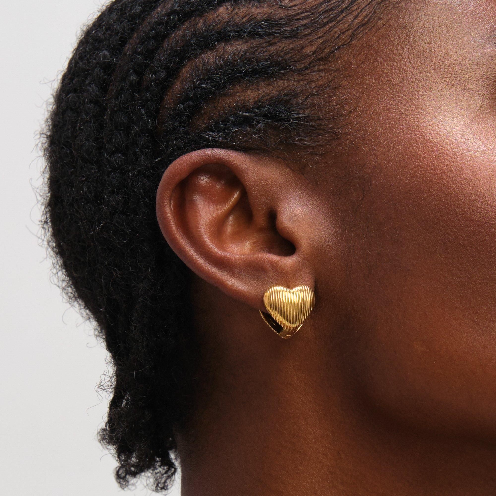 Gold - Jon Richard - Gold Plated Waterproof Ribbed Heart Hoop Earrings - 2