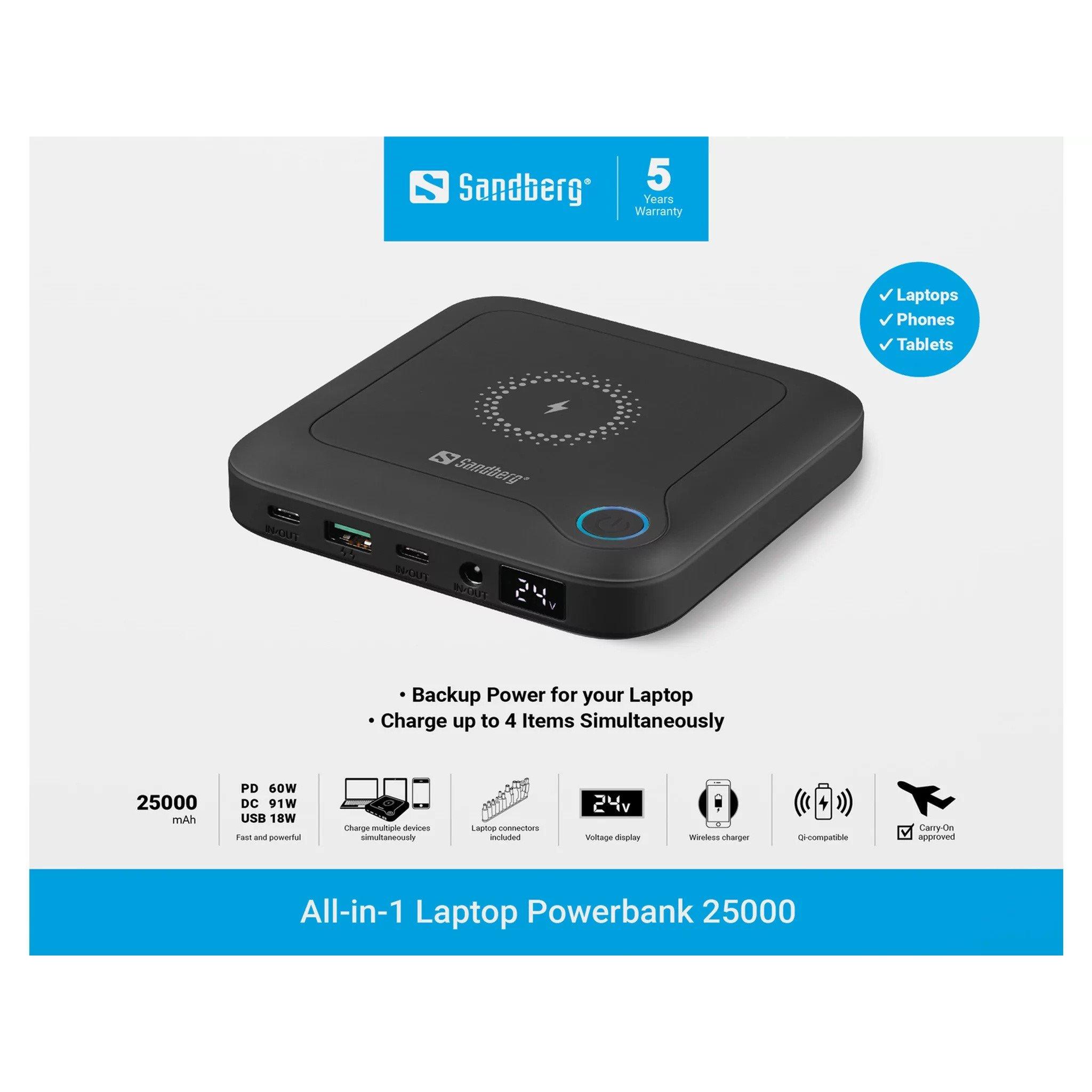 Black - Sandberg - Power bank all-in-one - 25000 mAh - 91.2 Wh - 91 Watt - 6.7 A - PD - 4 output connectors (power DC j - 8