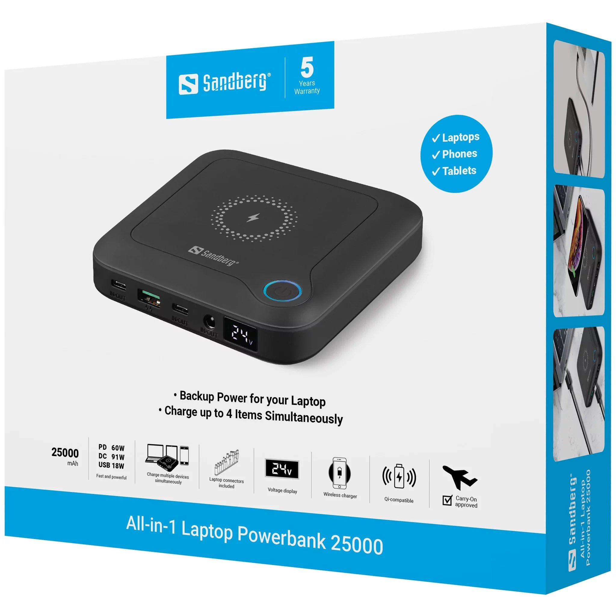 Black - Sandberg - Power bank all-in-one - 25000 mAh - 91.2 Wh - 91 Watt - 6.7 A - PD - 4 output connectors (power DC j - 9