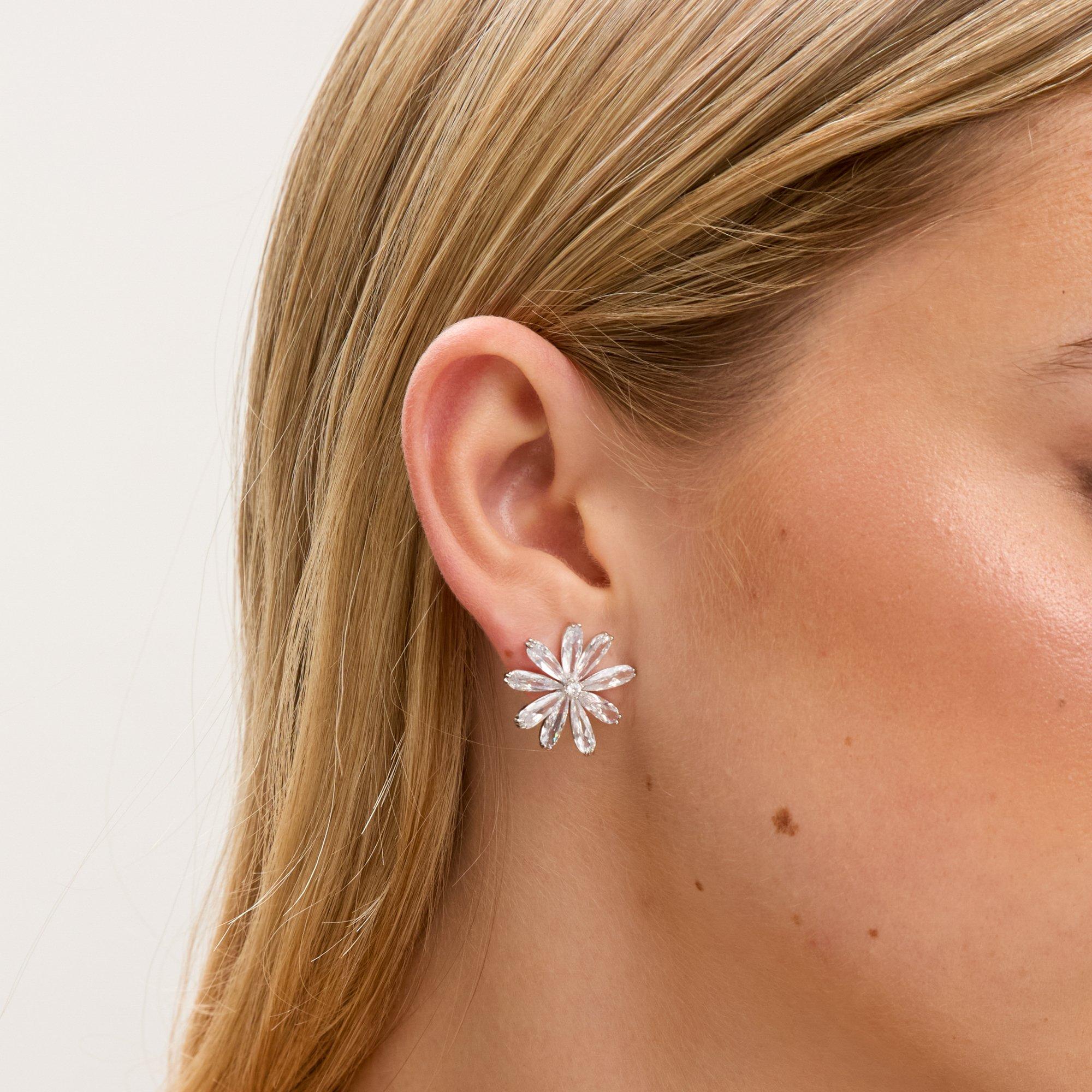 Silver - Jon Richard - Rhodium Plated CZ Flower Stud Earrings - 2