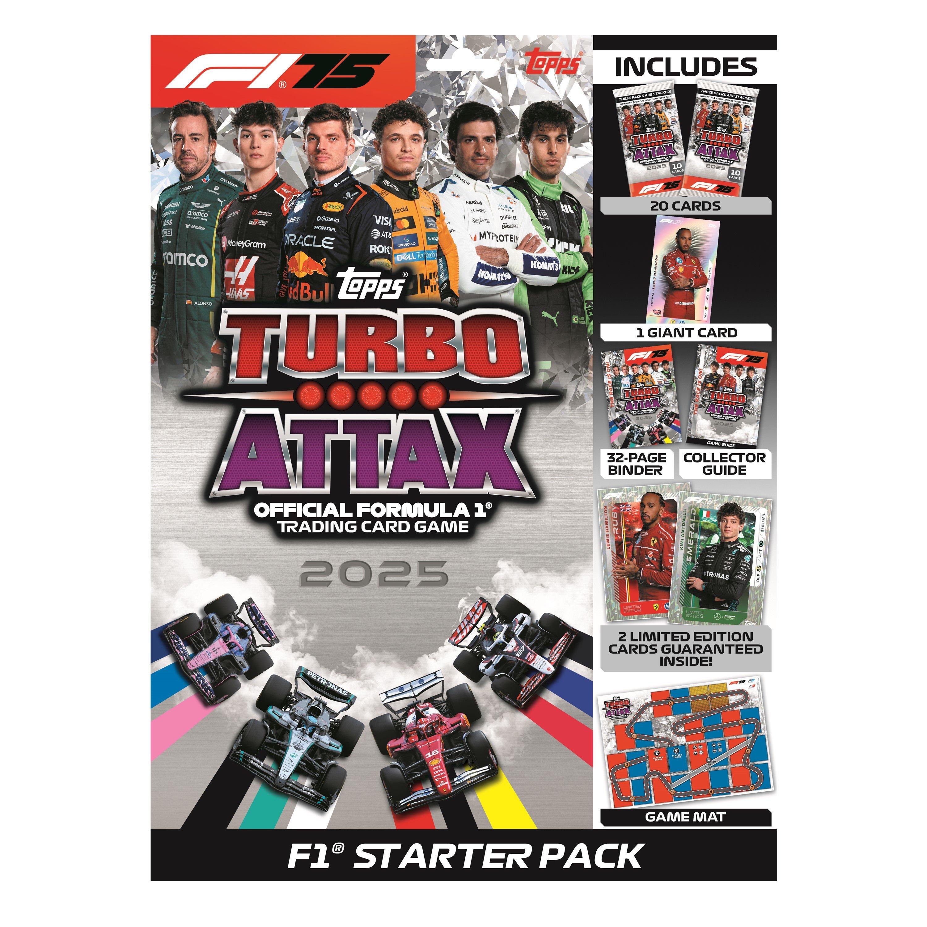 Topps Turbo Attax F1 2025 – Caja Completa Con 24 Sobres Y 240 Cartas, Más De 400 Nuevas, Ediciones Limitadas Y Leyendas, Colección Oficial De Fórmula 1