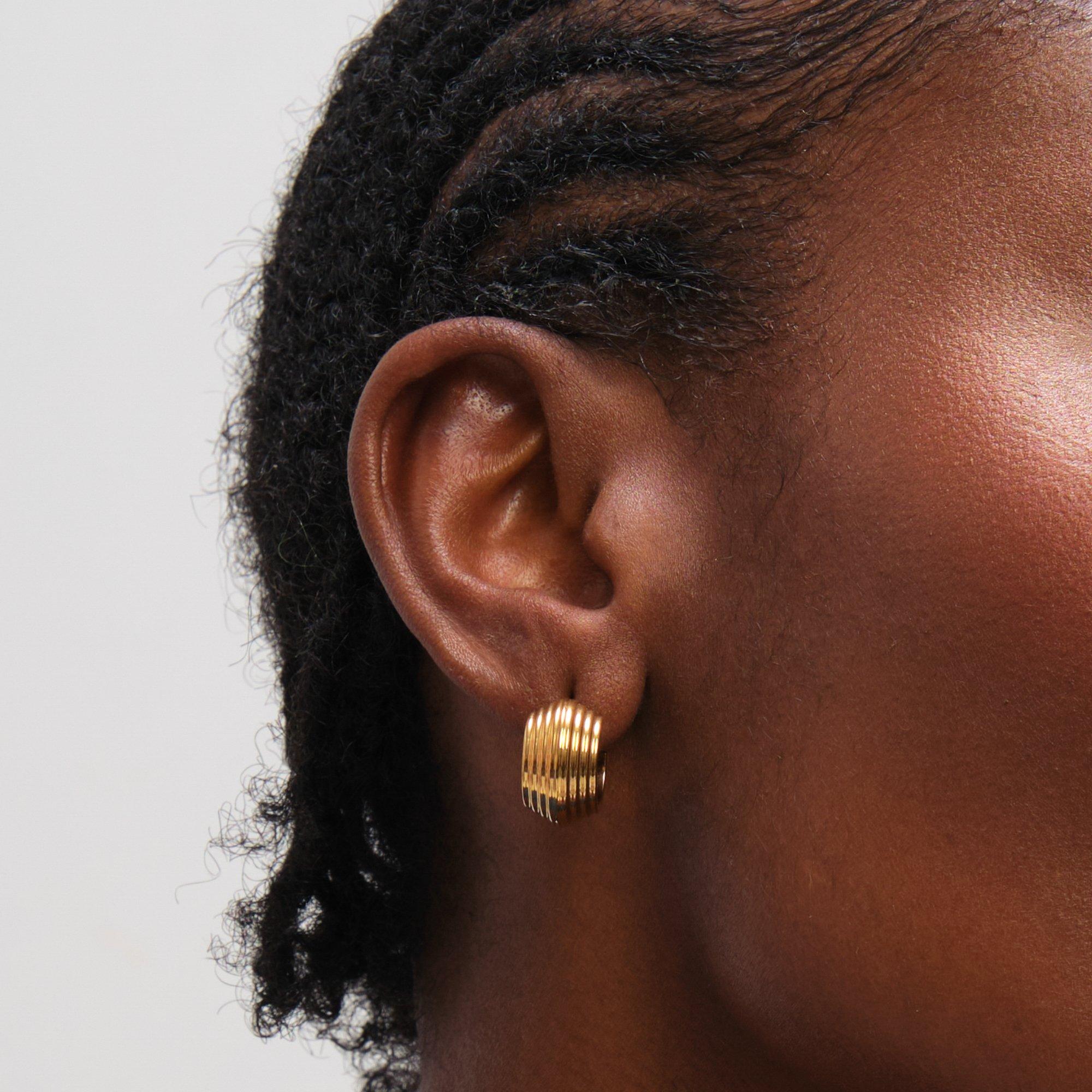 Gold - Jon Richard - Gold Plated Waterproof Ribbed Chubby Hoop Earrings - 2