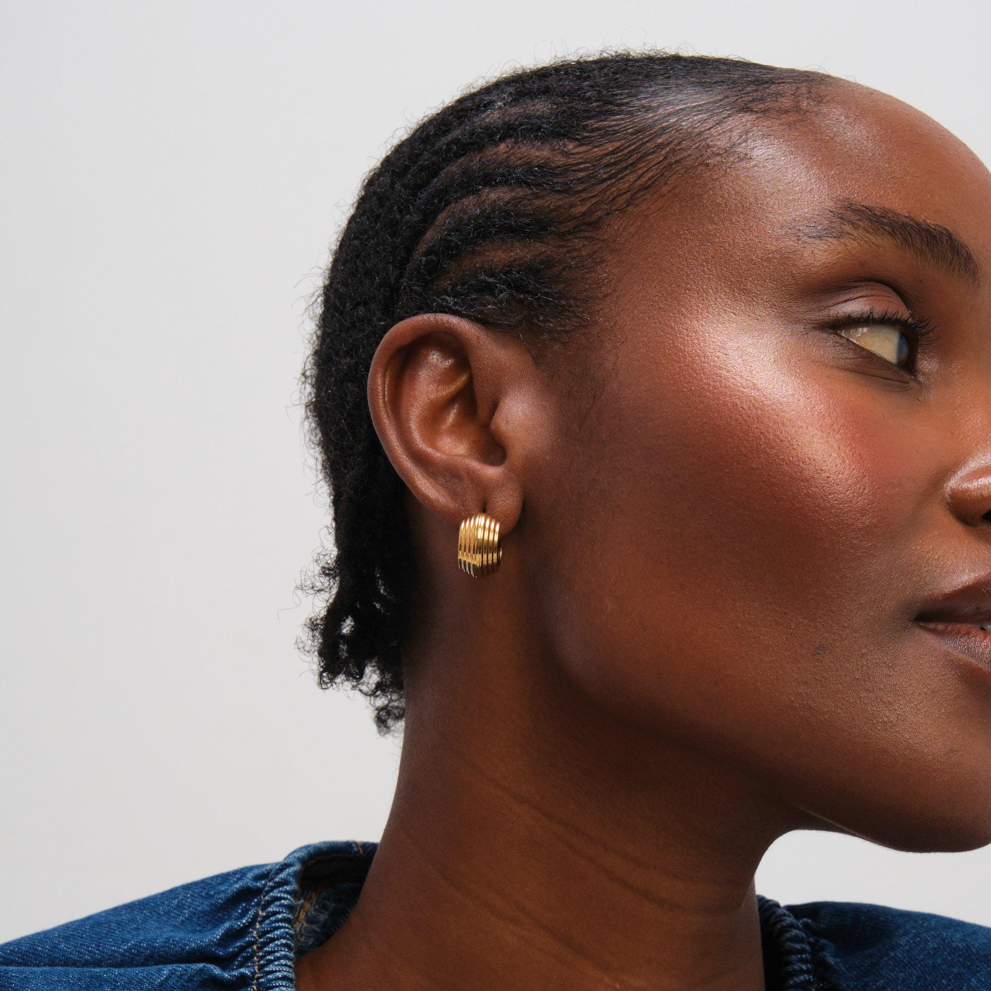 Gold - Jon Richard - Gold Plated Waterproof Ribbed Chubby Hoop Earrings - 3