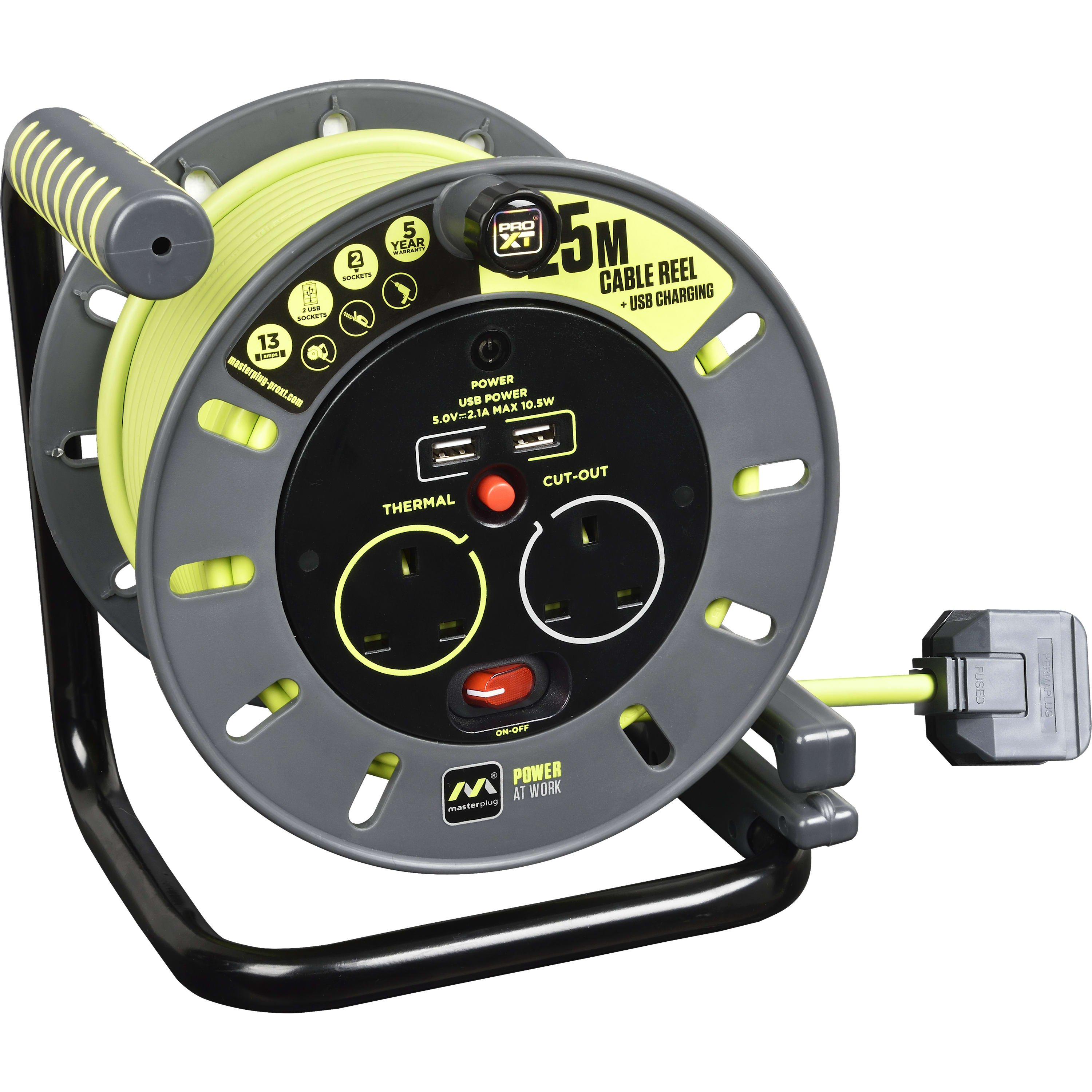 Green And Black - Masterplug - MASTERPLUG 2 SOCKET 25M 13 AMP MEDIUM OPEN REEL + - 1