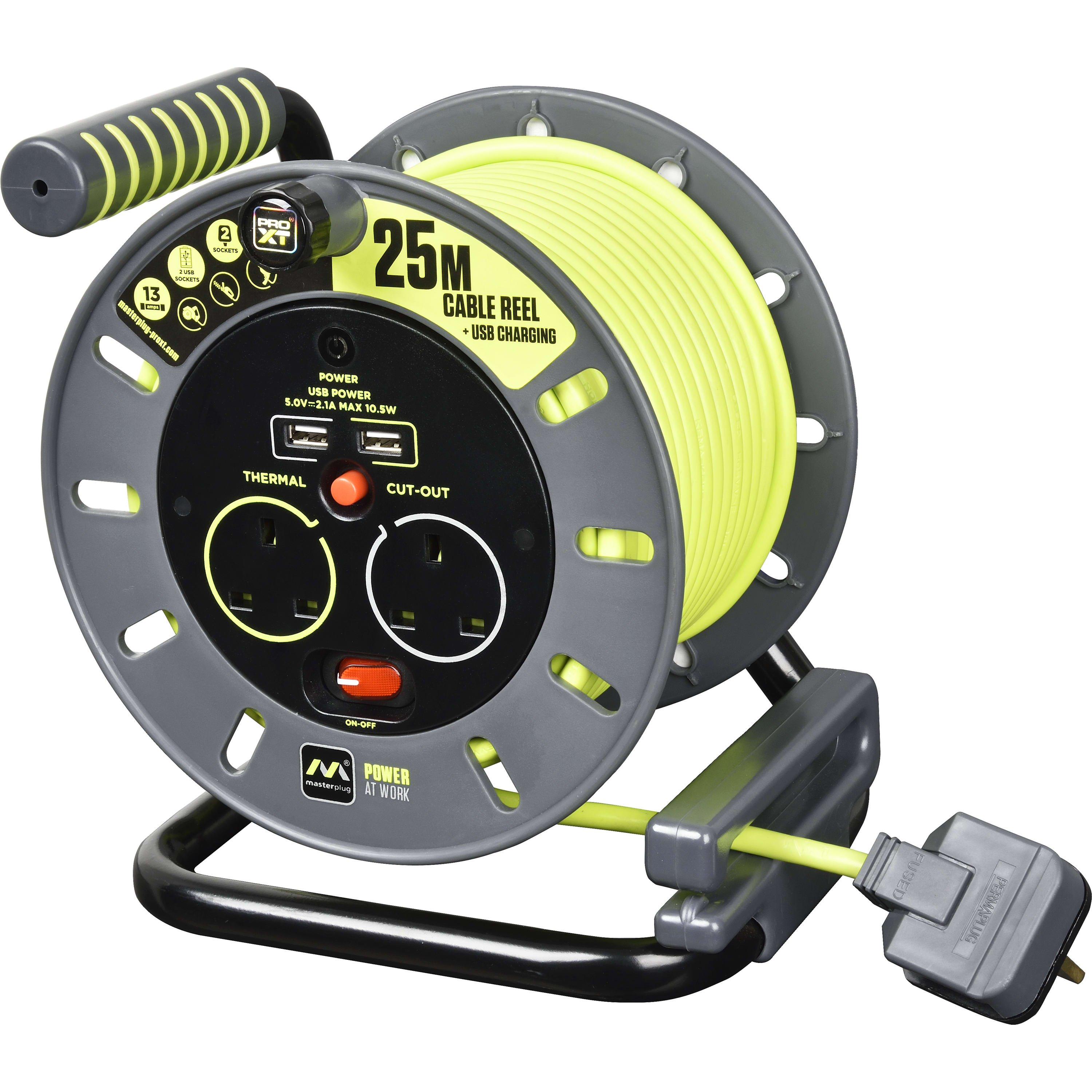 Green And Black - Masterplug - MASTERPLUG 2 SOCKET 25M 13 AMP MEDIUM OPEN REEL + - 3