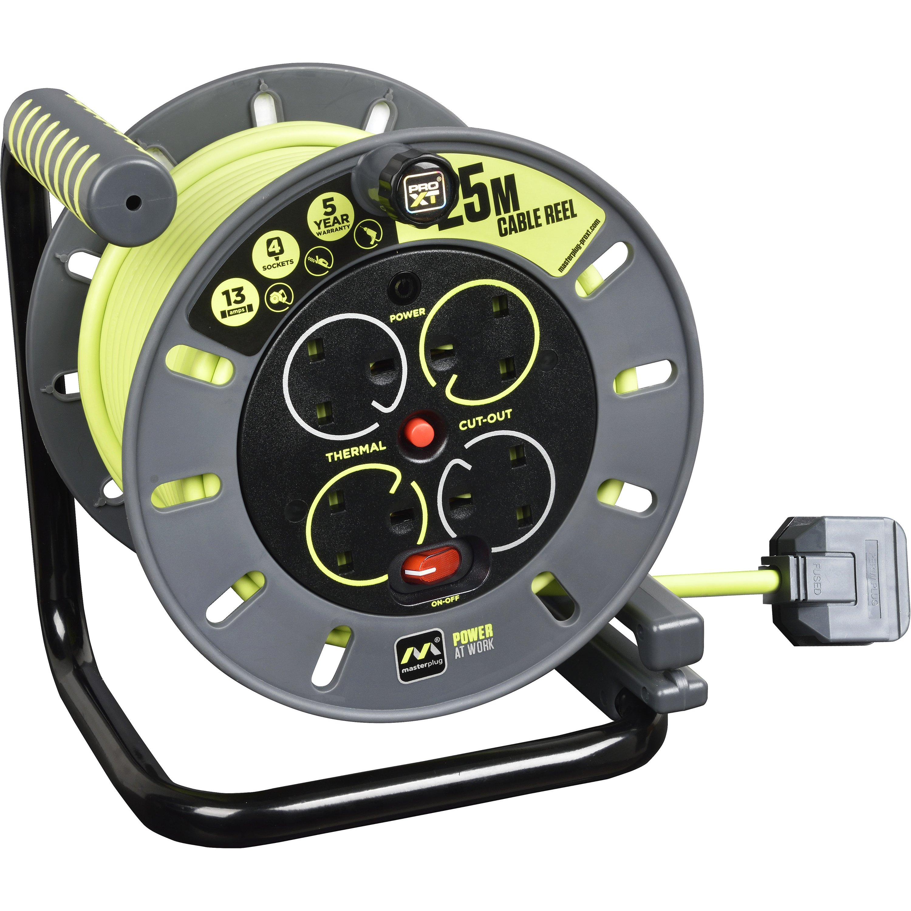 Masterplug  Materplug 4 Socket 25M 13 Amp Medium Open Reel - Green And Black - 25M