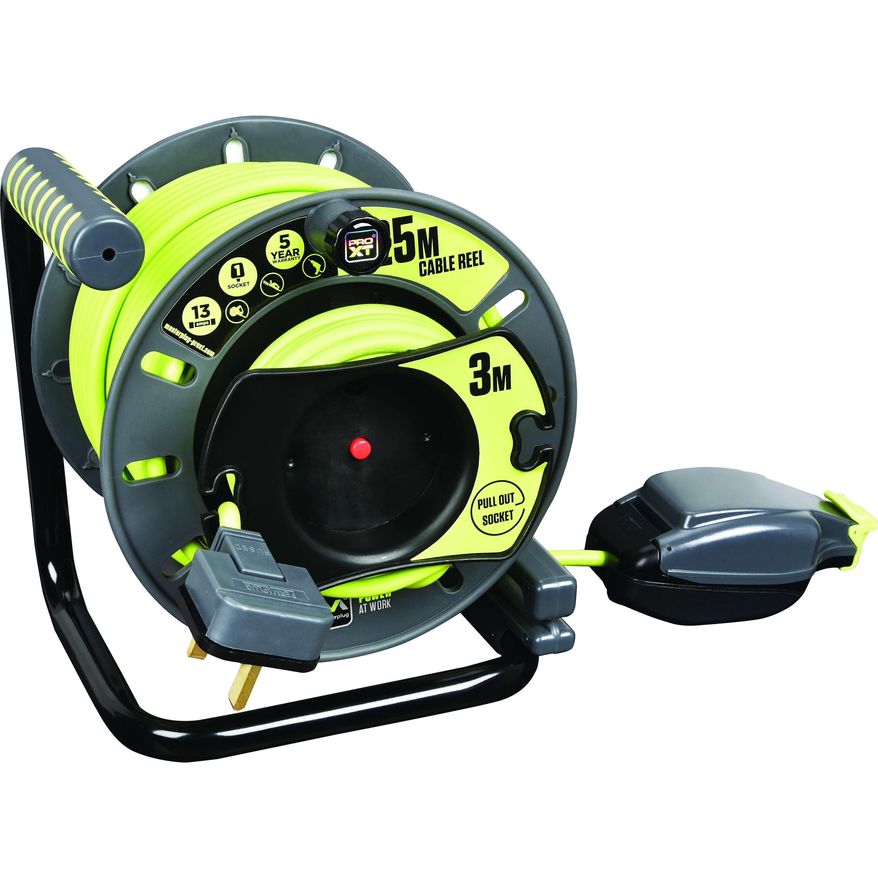 Green And Black - Masterplug - Masterplug Pro XT 25m + 3m 4 Socket Open Reel - 1