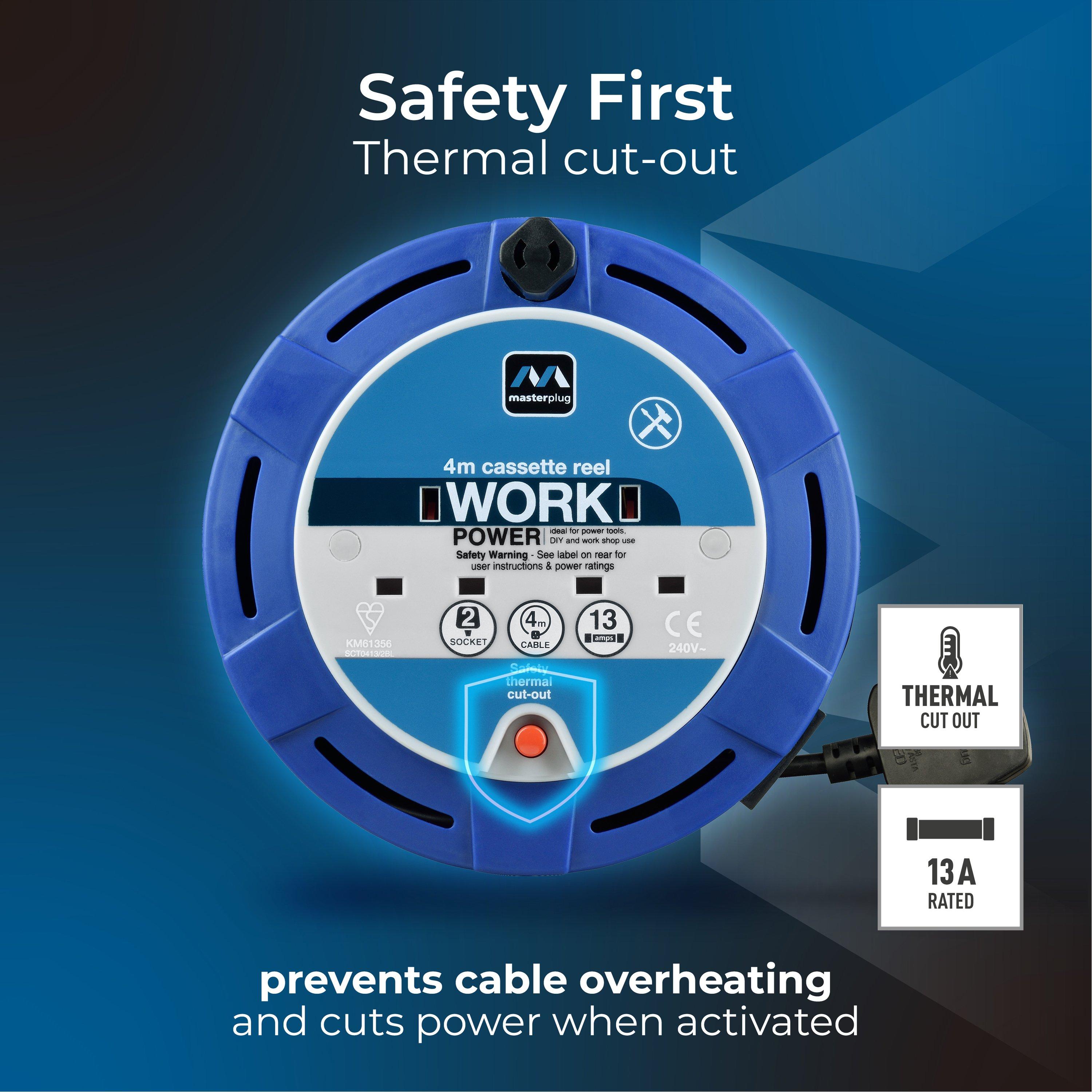 Blue - Masterplug - Masterplug 4m 2 Socket Cassette Cable Reel 13A - 4