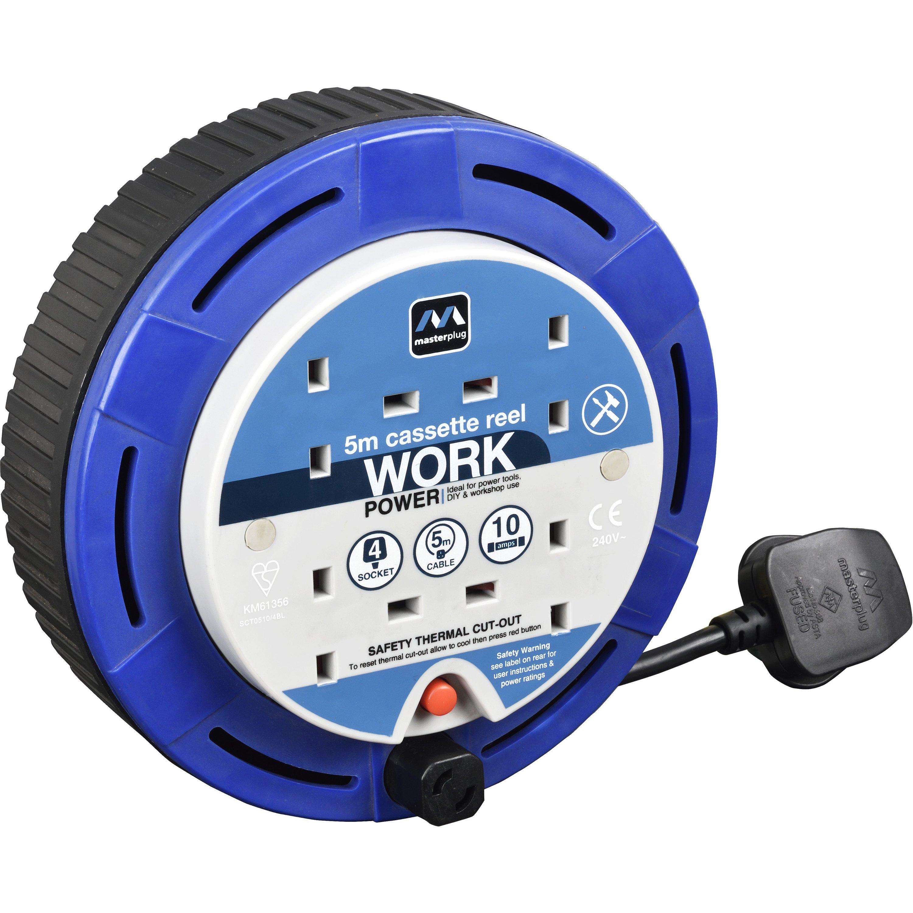 Blue - Masterplug - Masterplug 5m 4 Socket Cassette Cable Reel 10A - 1