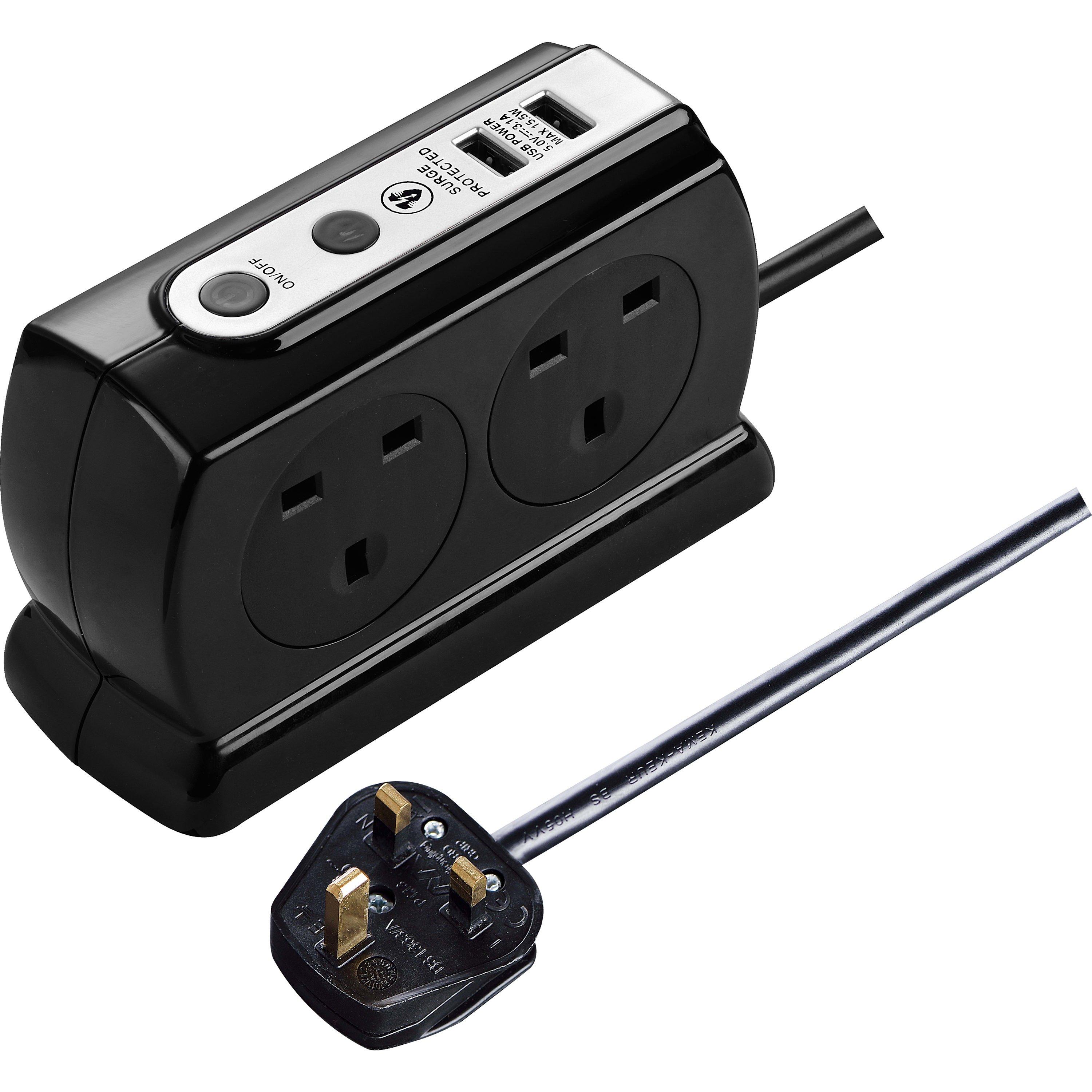Masterplug  4 Socket Usb A 2M Surge Extension Cable - Black - 2M