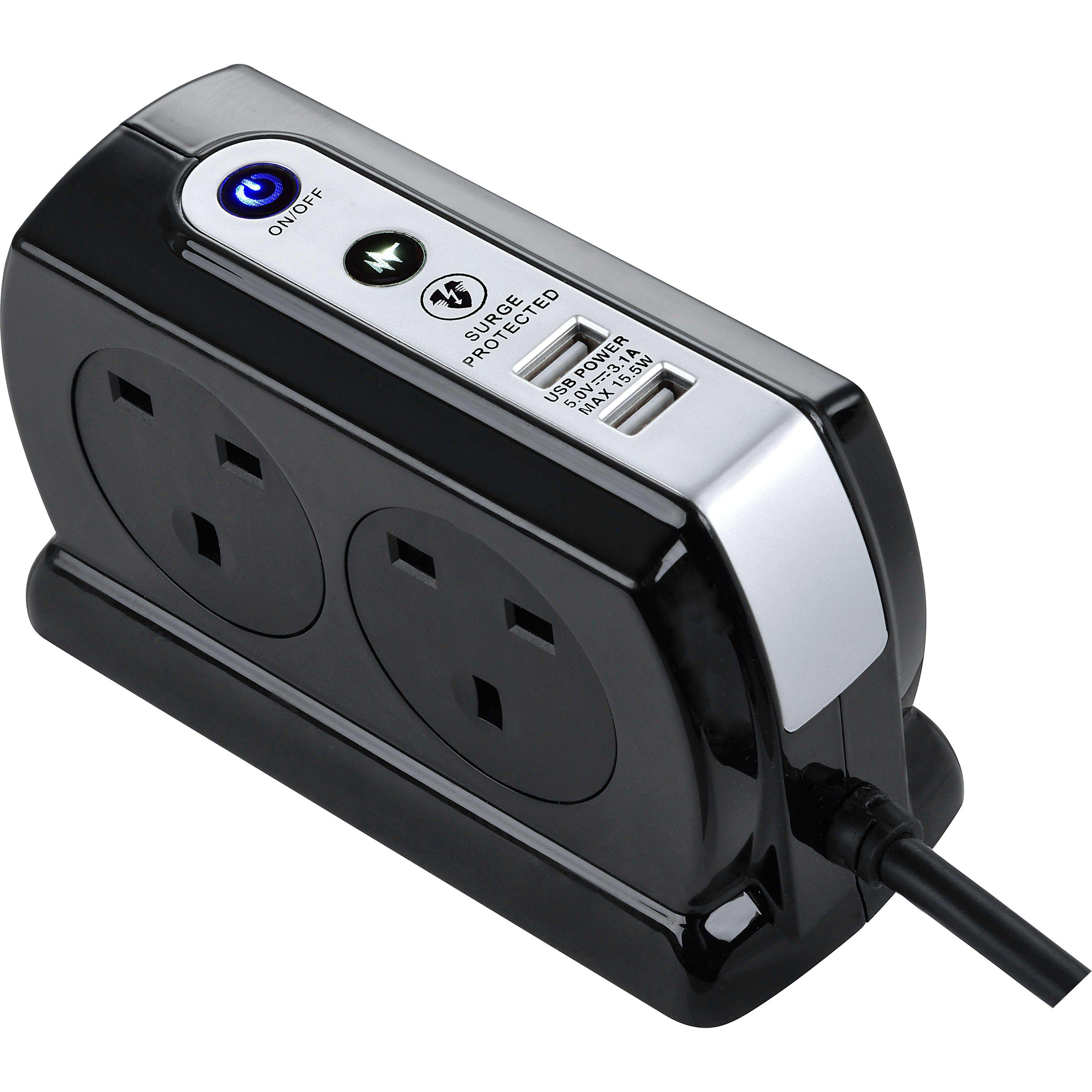 Black - Masterplug - Masterplug 4 Socket USB 2m Compact Extension lead - 3