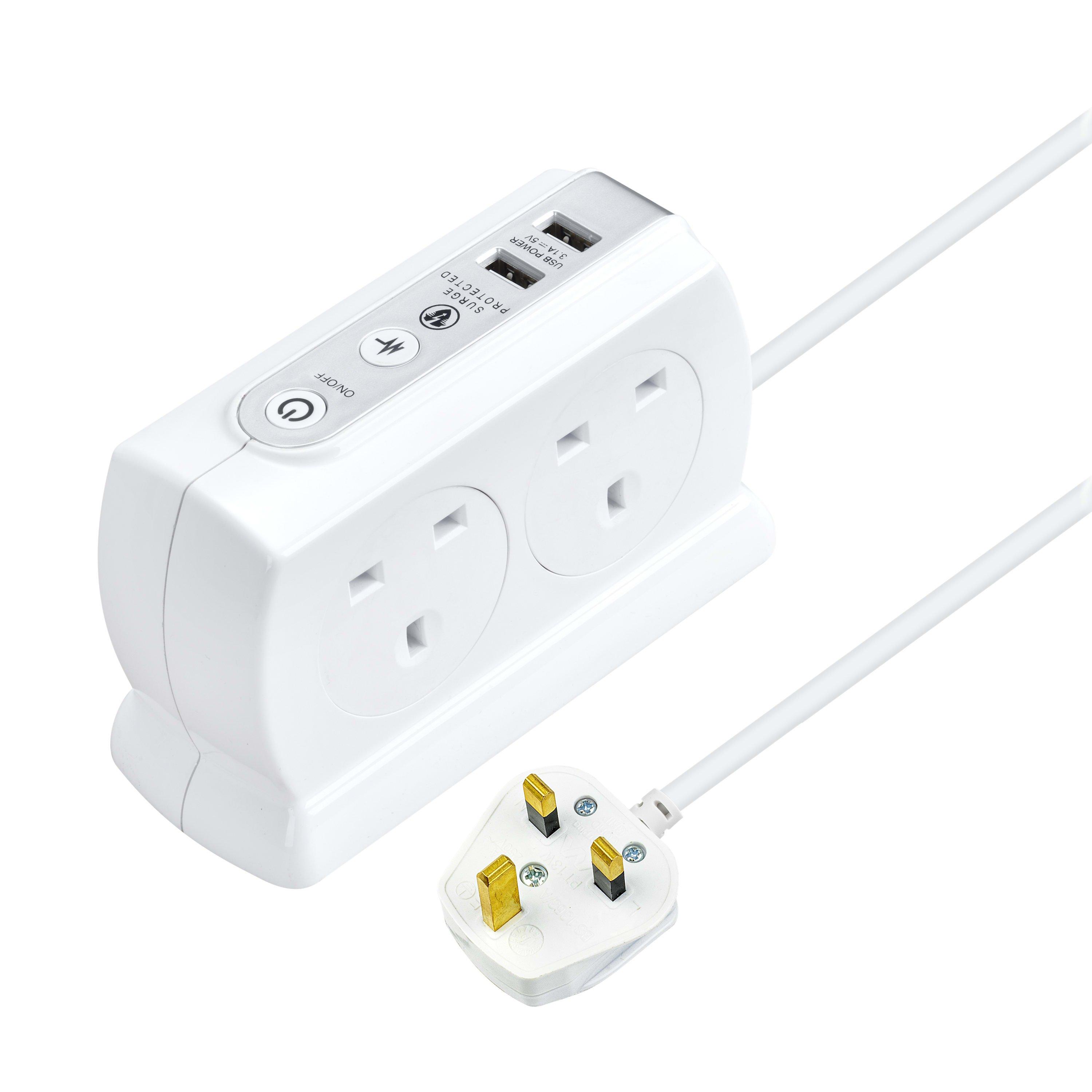 White - Masterplug - 4 Socket USB A 2m Surge Extension Cable - 1