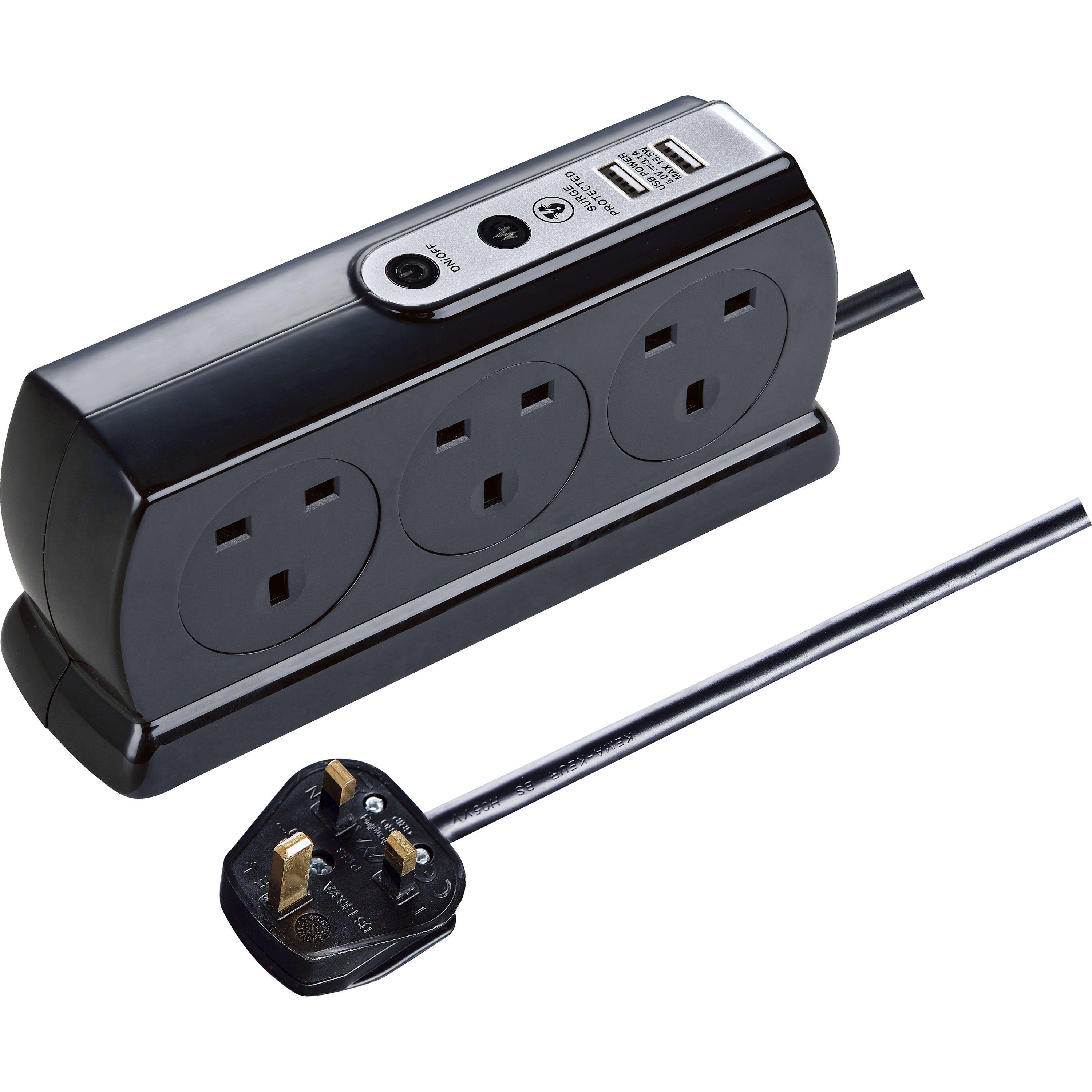 Gloss Black - Masterplug - 6 Socket 2m Switched Surge Extension Cable - 1