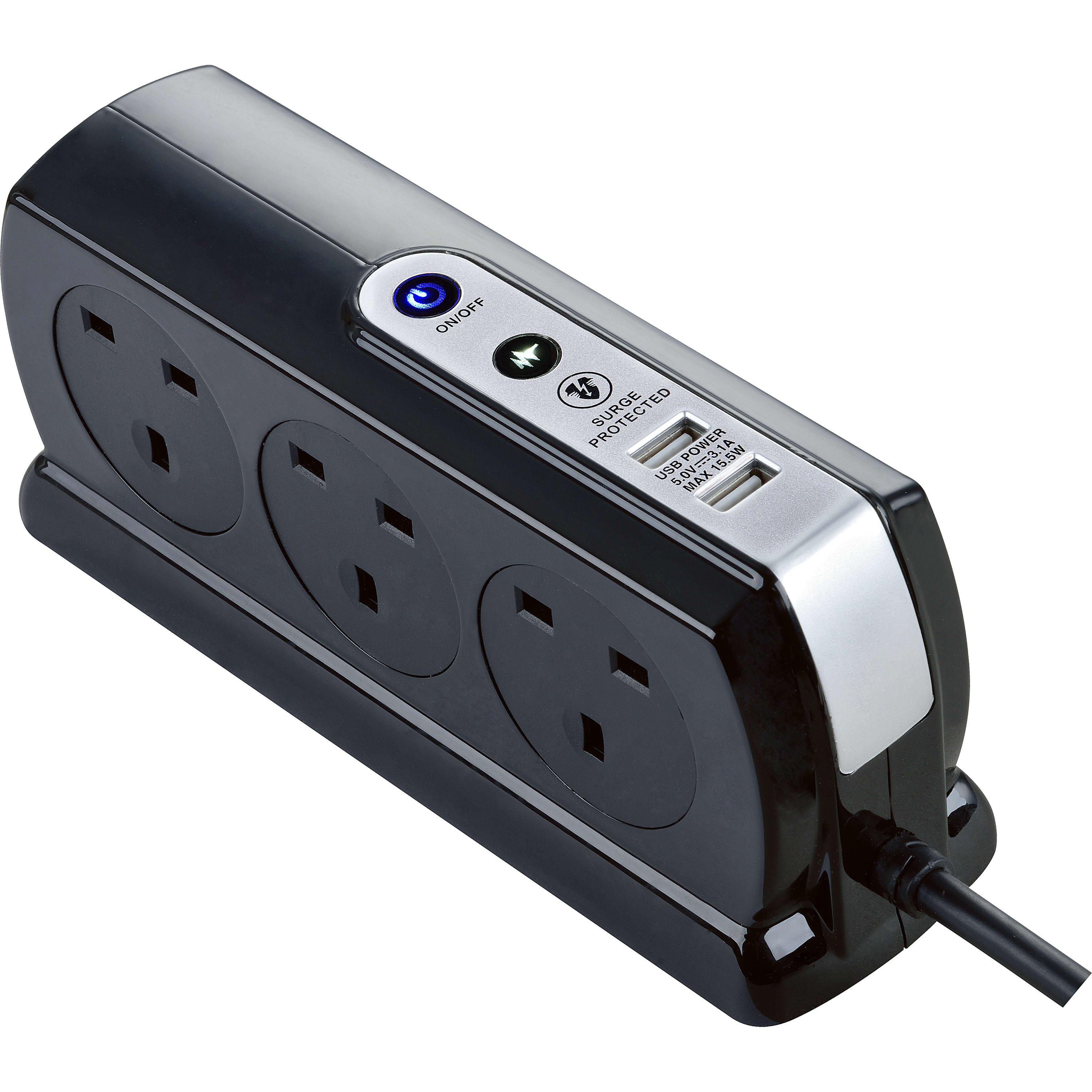 Gloss Black - Masterplug - Masterplug 6 Socket USB 2m Compact Extension lead - 3