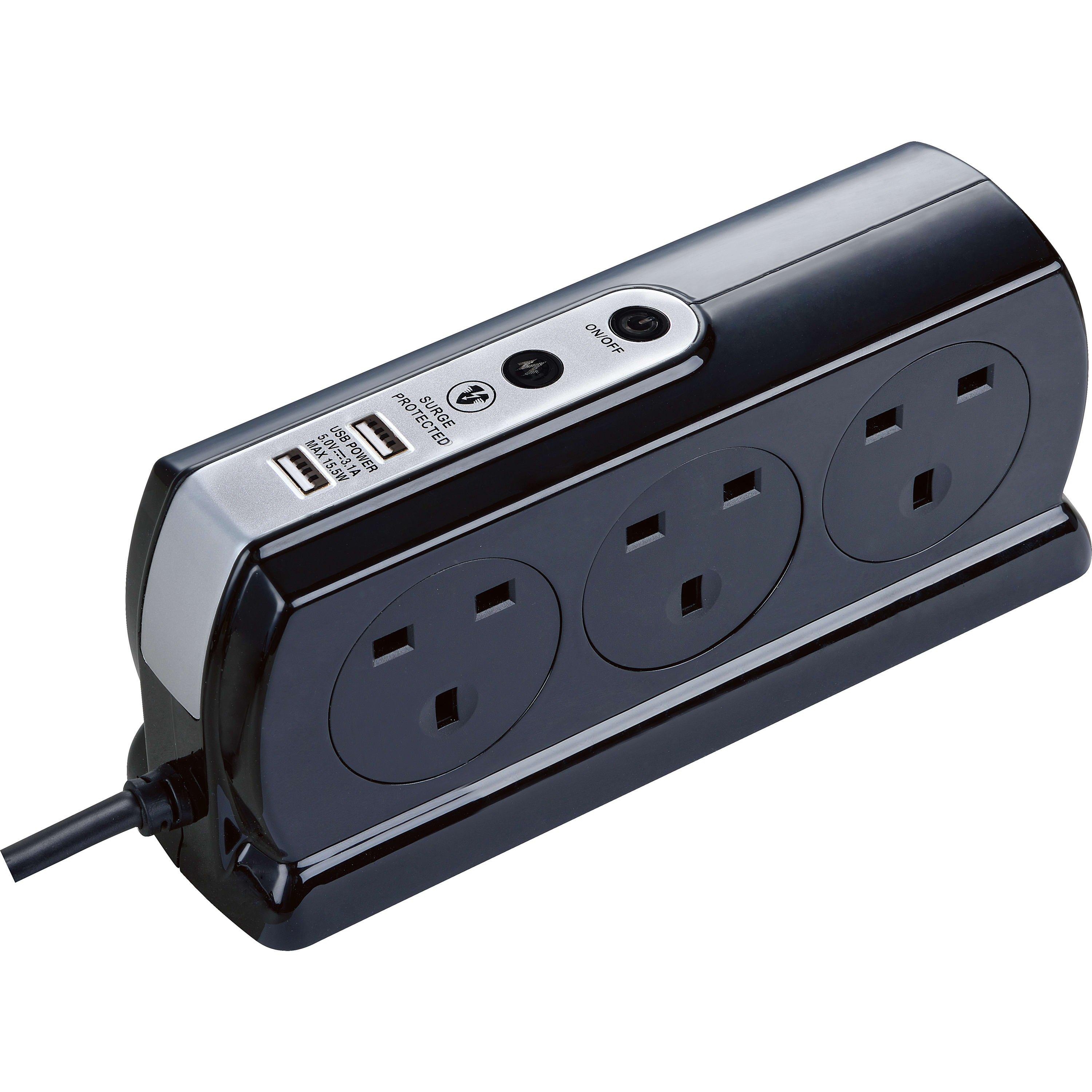 Gloss Black - Masterplug - Masterplug 6 Socket USB 2m Compact Extension lead - 5