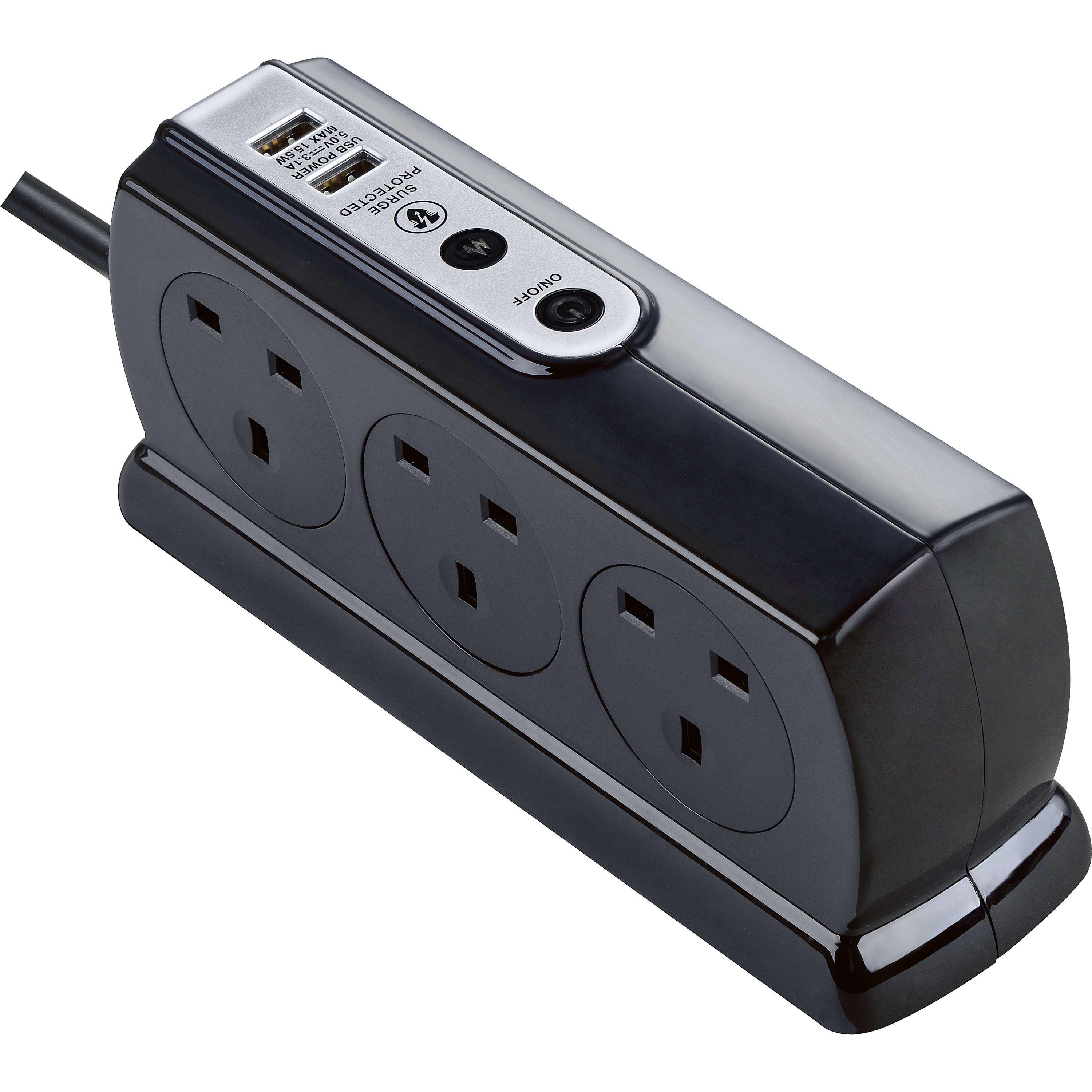 Gloss Black - Masterplug - Masterplug 6 Socket USB 2m Compact Extension lead - 8