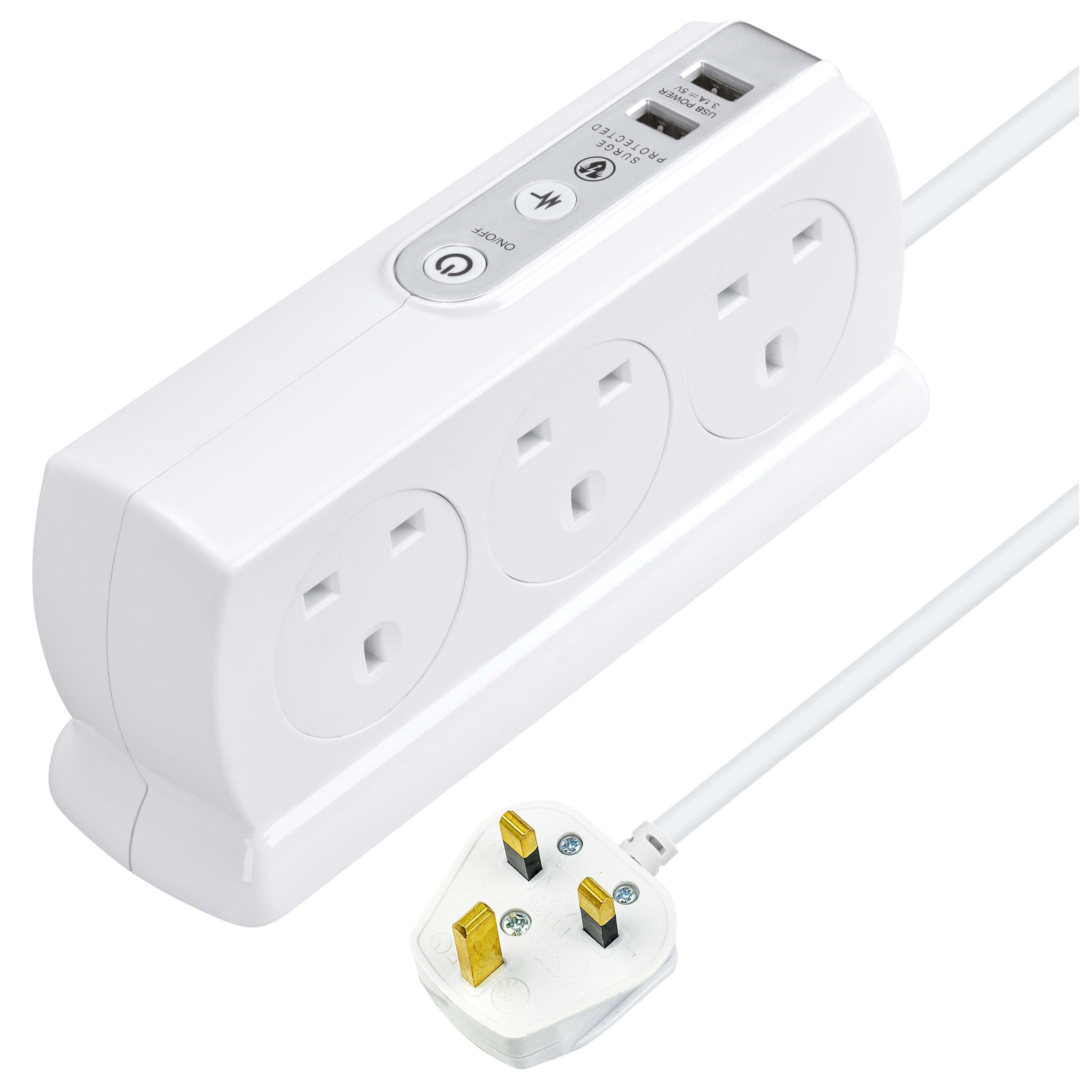 Gloss White - Masterplug - 6 Socket 2m Switched Surge Extension Cable - 1