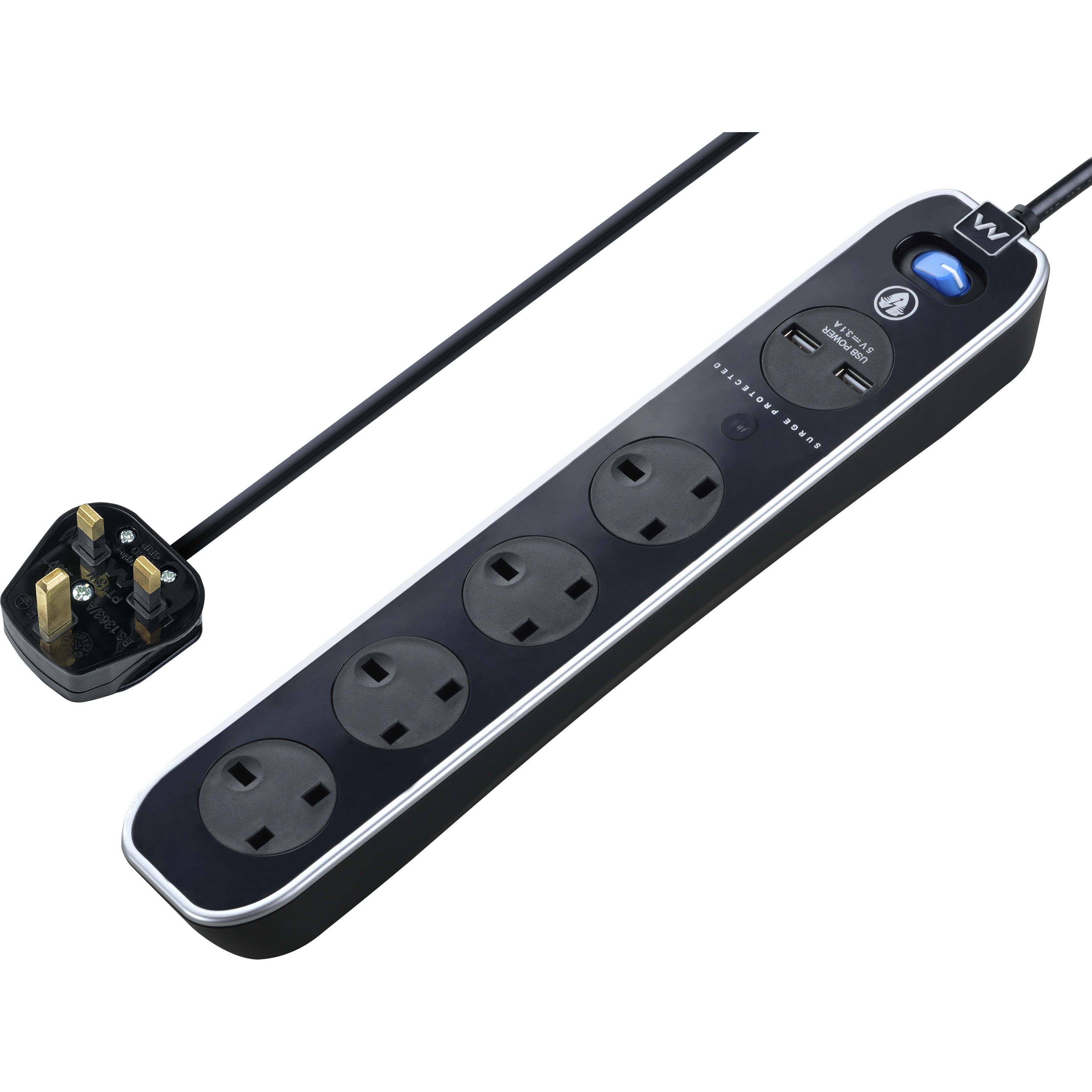 Masterplug Masterplug 4 Socket USB 2m Inline Extension lead - Gloss Black