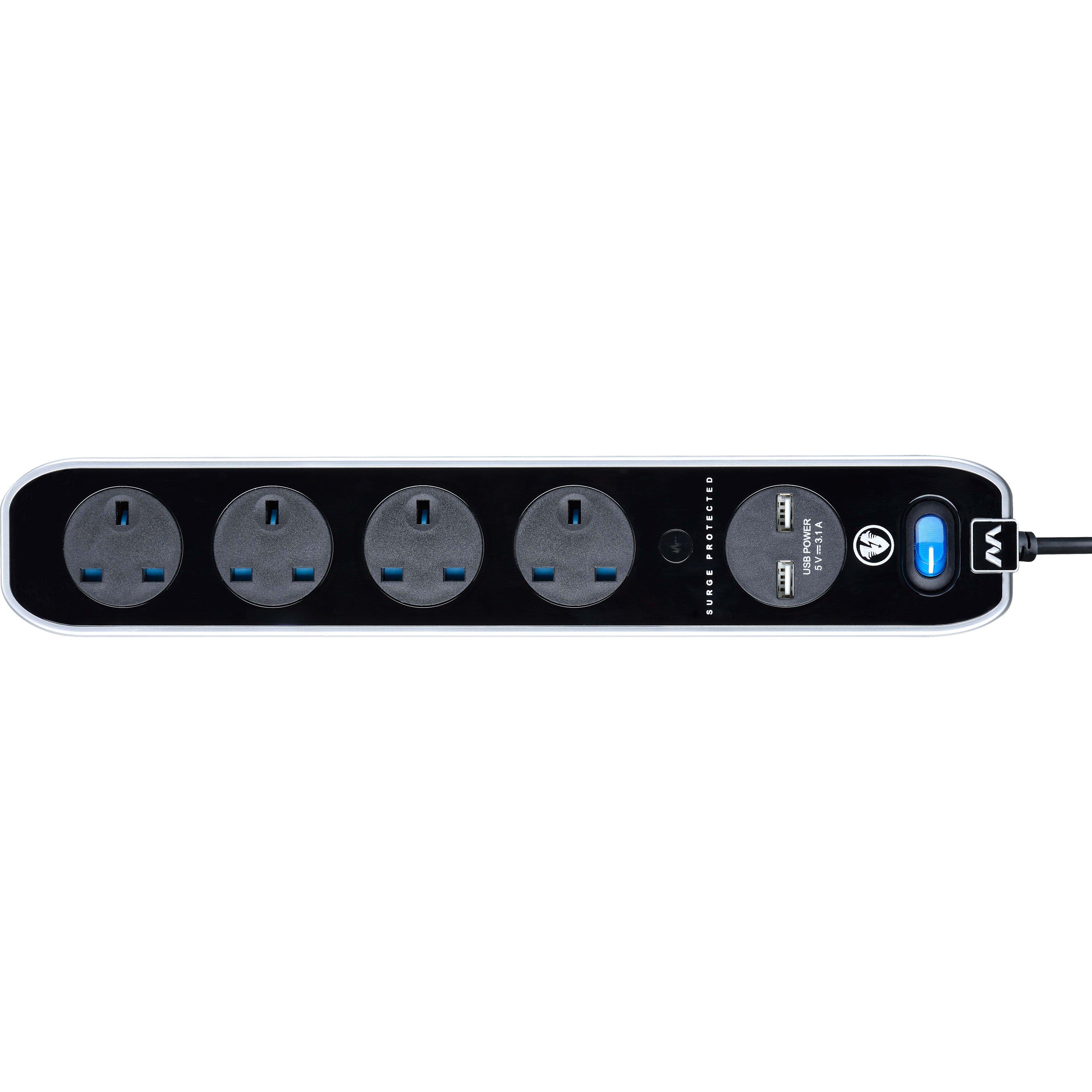 Gloss Black - Masterplug - Masterplug 4 Socket USB 2m Inline Extension lead - 2