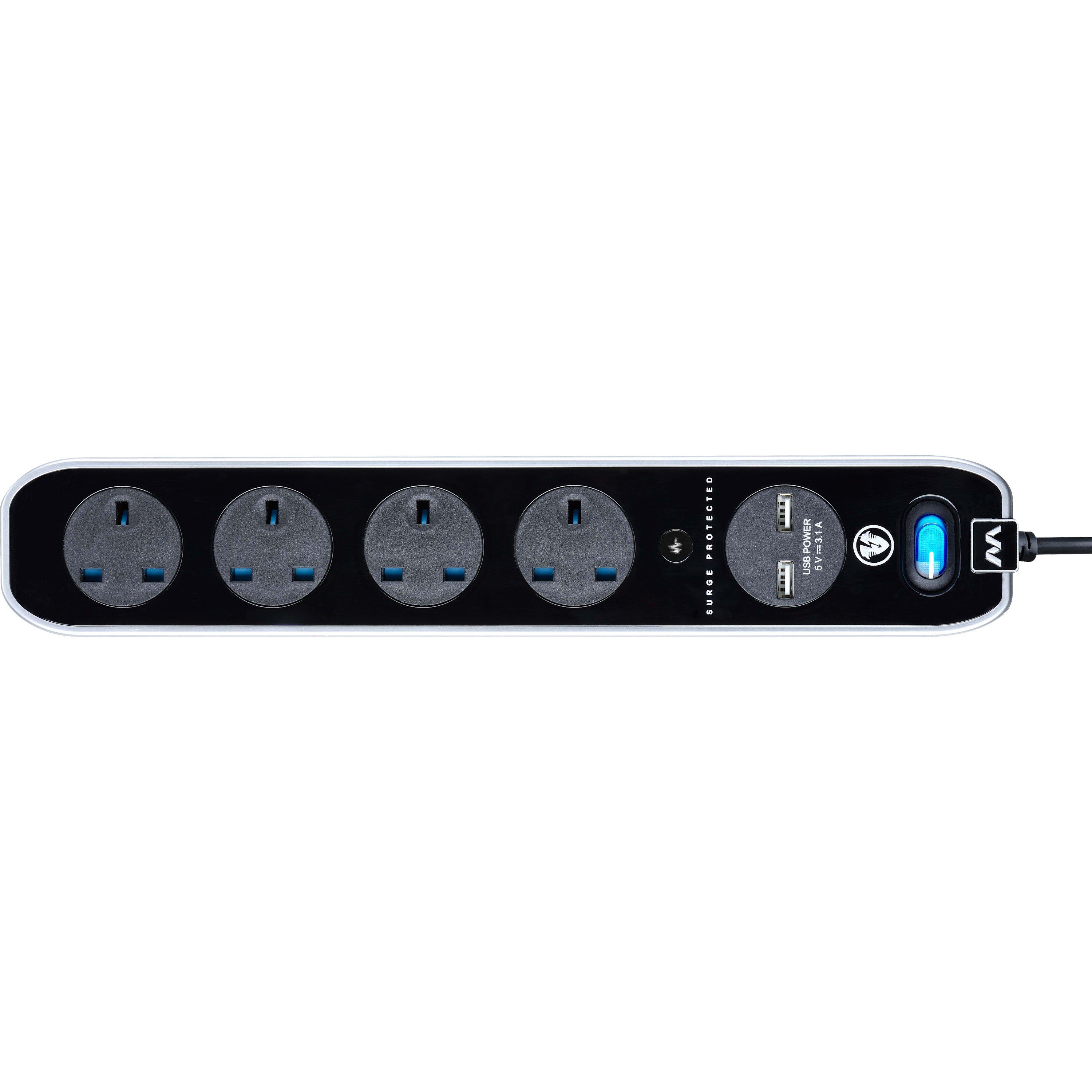 Gloss Black - Masterplug - Masterplug 4 Socket USB 2m Inline Extension lead - 3