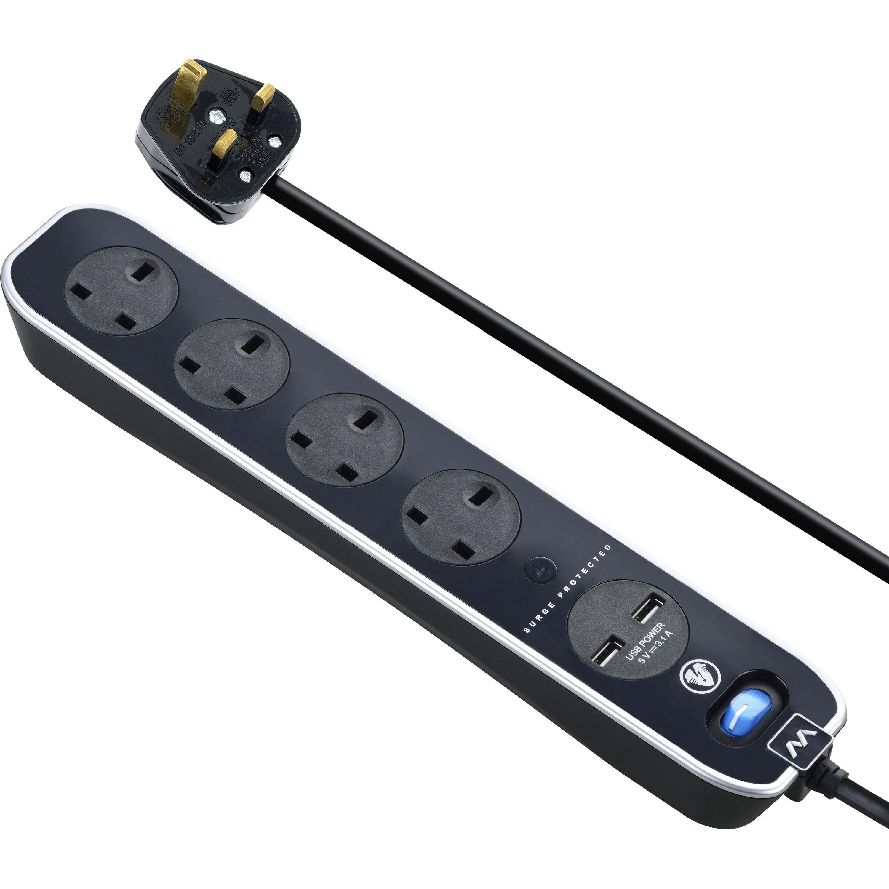Masterplug 7b Masterplug Masterplug 4 Socket USB 2m Inline Extension lead | FRASERS
