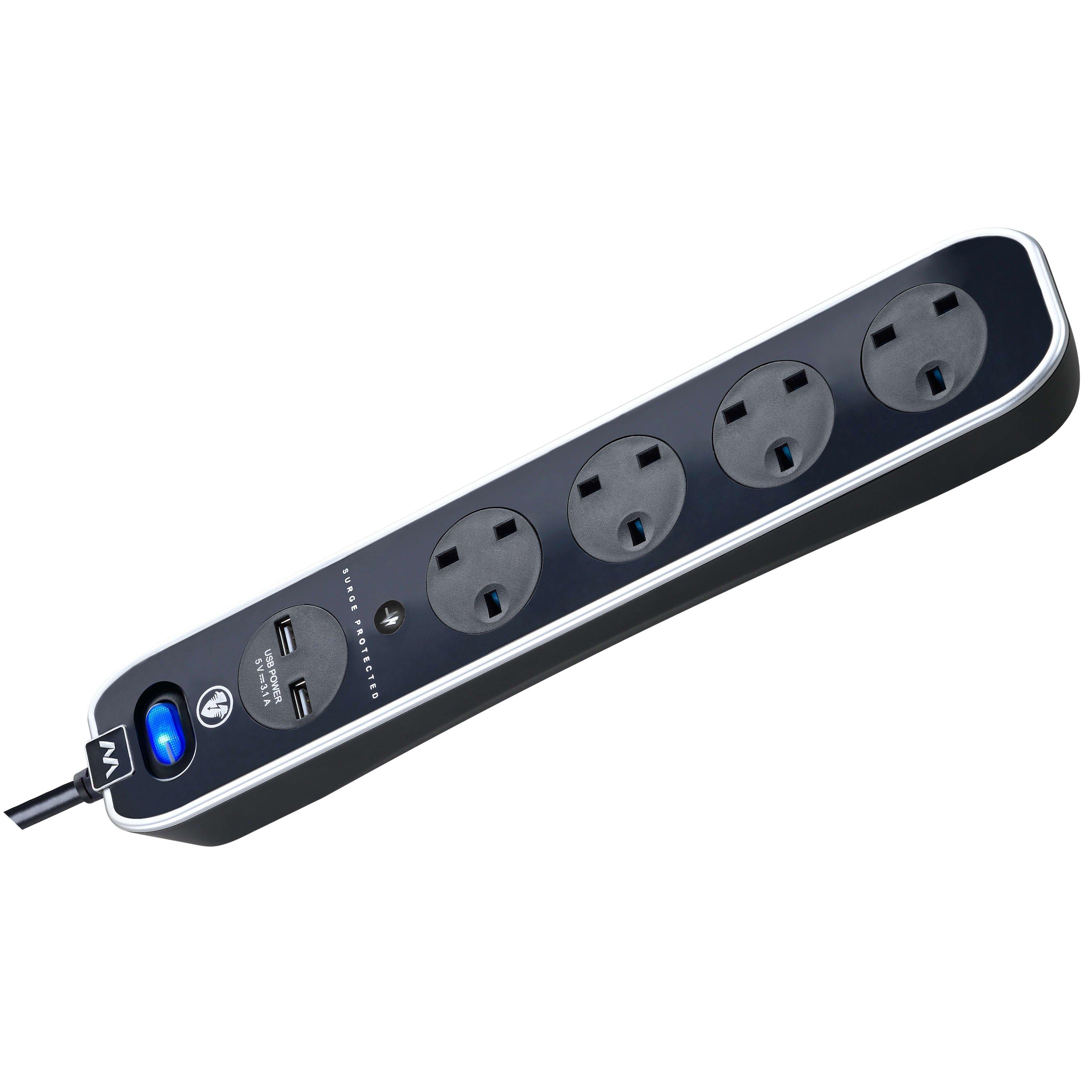 Gloss Black - Masterplug - Masterplug 4 Socket USB 2m Inline Extension lead - 5