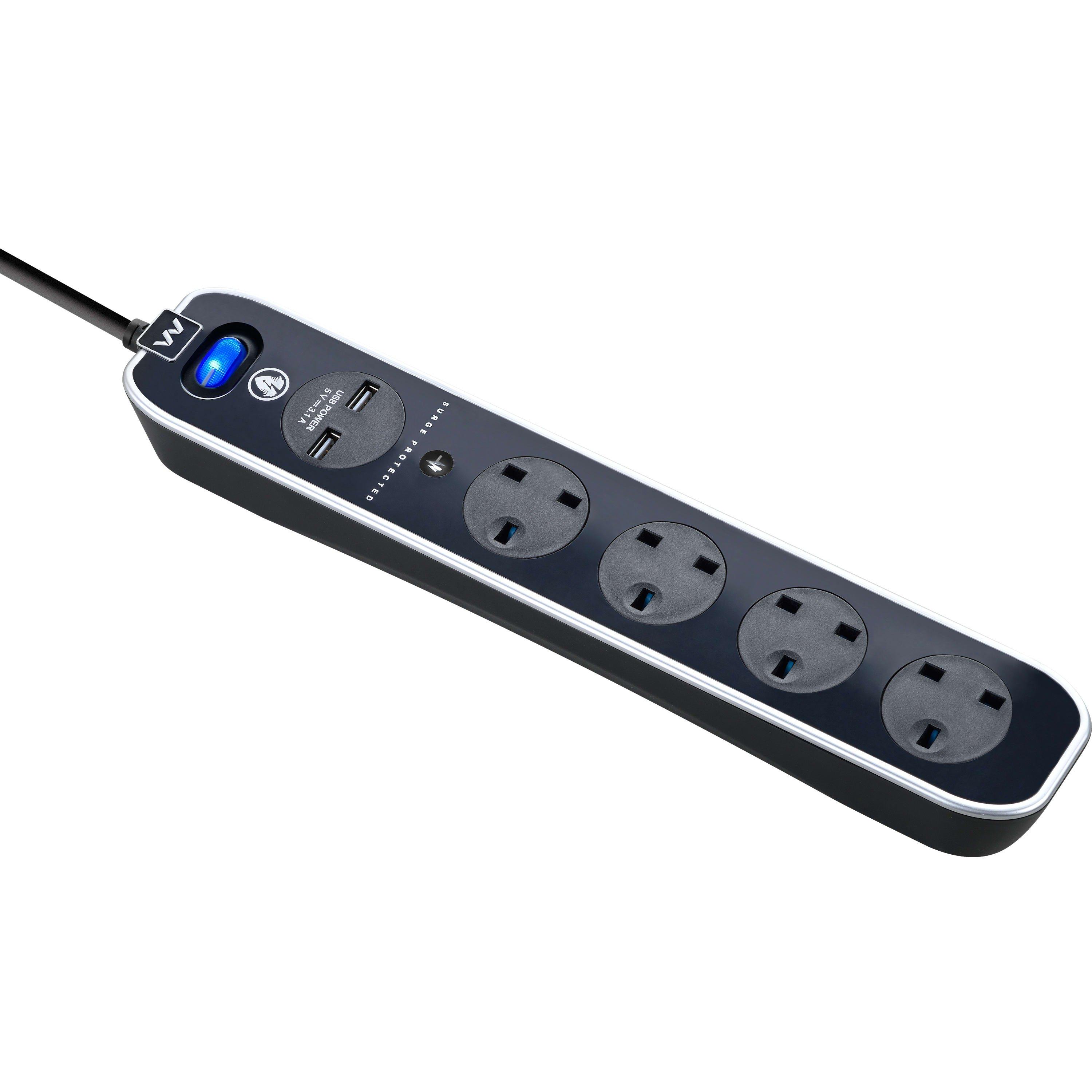 Gloss Black - Masterplug - Masterplug 4 Socket USB 2m Inline Extension lead - 8