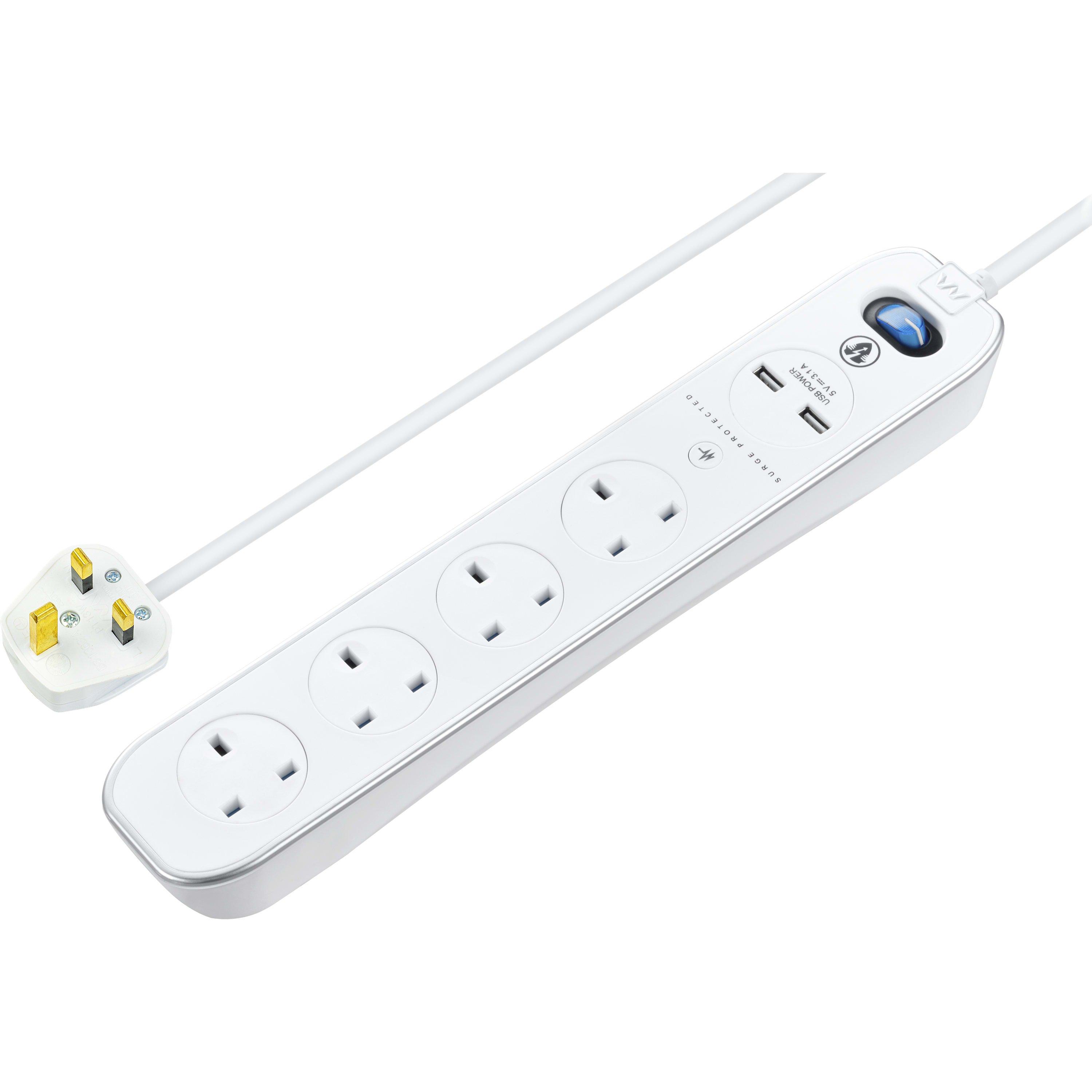 Gloss White - Masterplug - 4 Socket 2m Switched Surge Extension Cable - 1