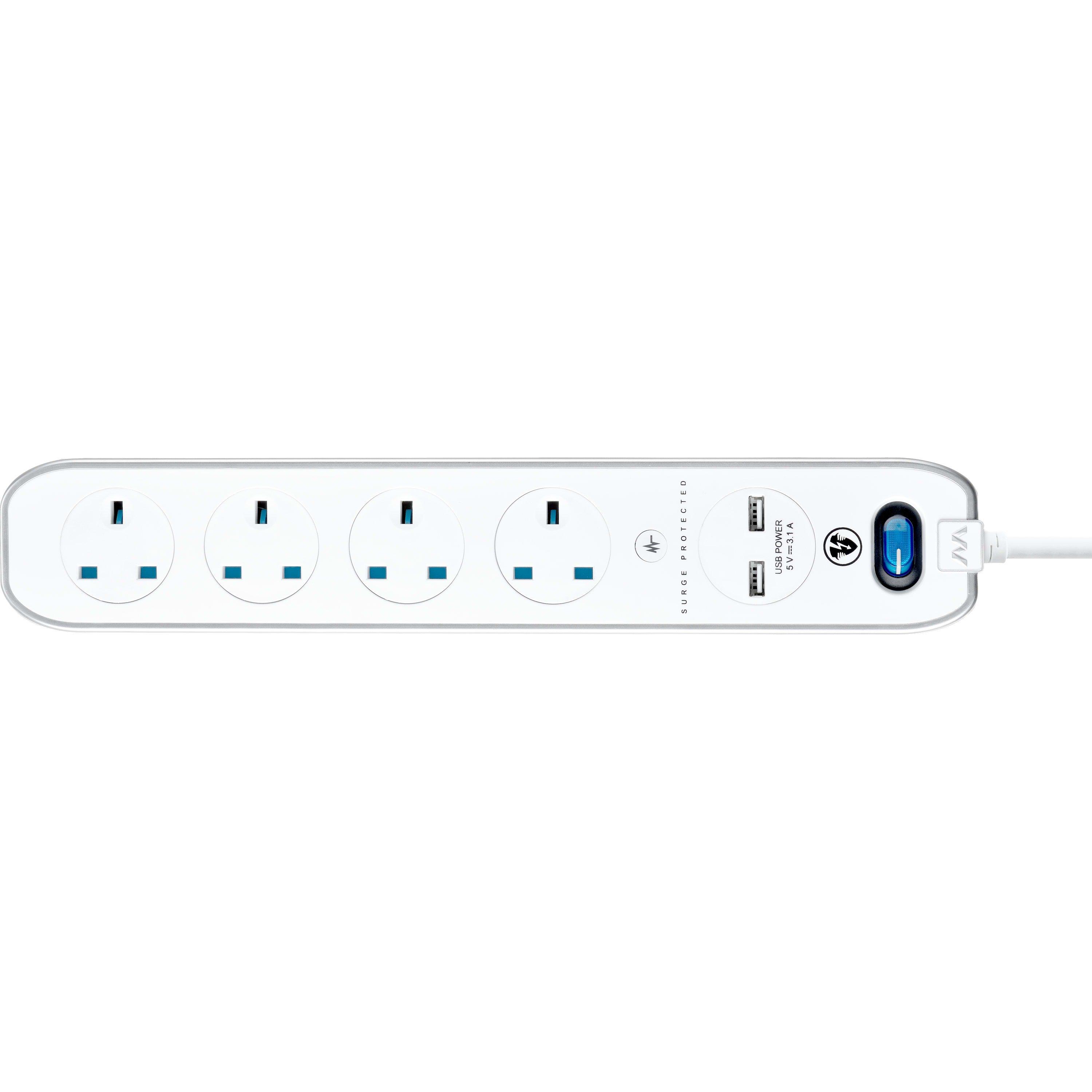 Gloss White - Masterplug - Masterplug 4 Socket 2m USB Inline Extension lead - 2