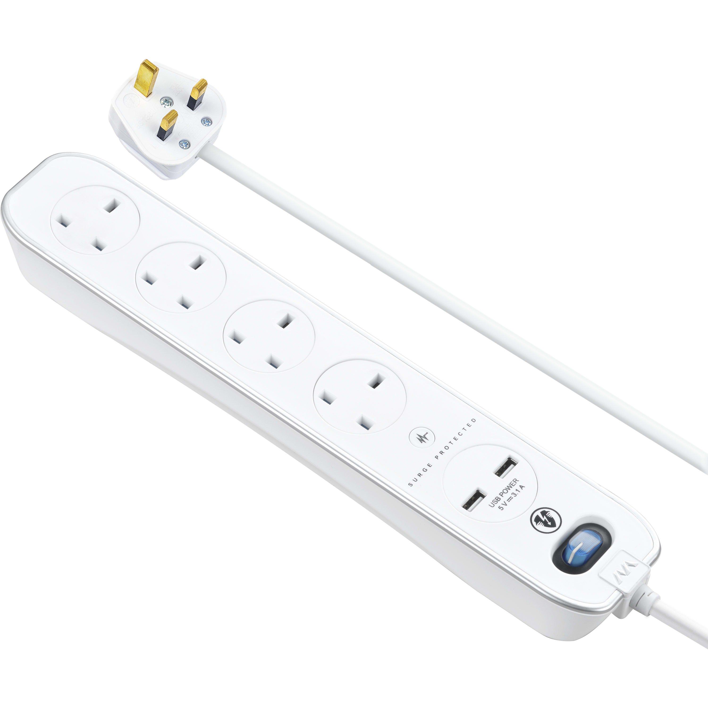 Gloss White - Masterplug - Masterplug 4 Socket 2m USB Inline Extension lead - 4