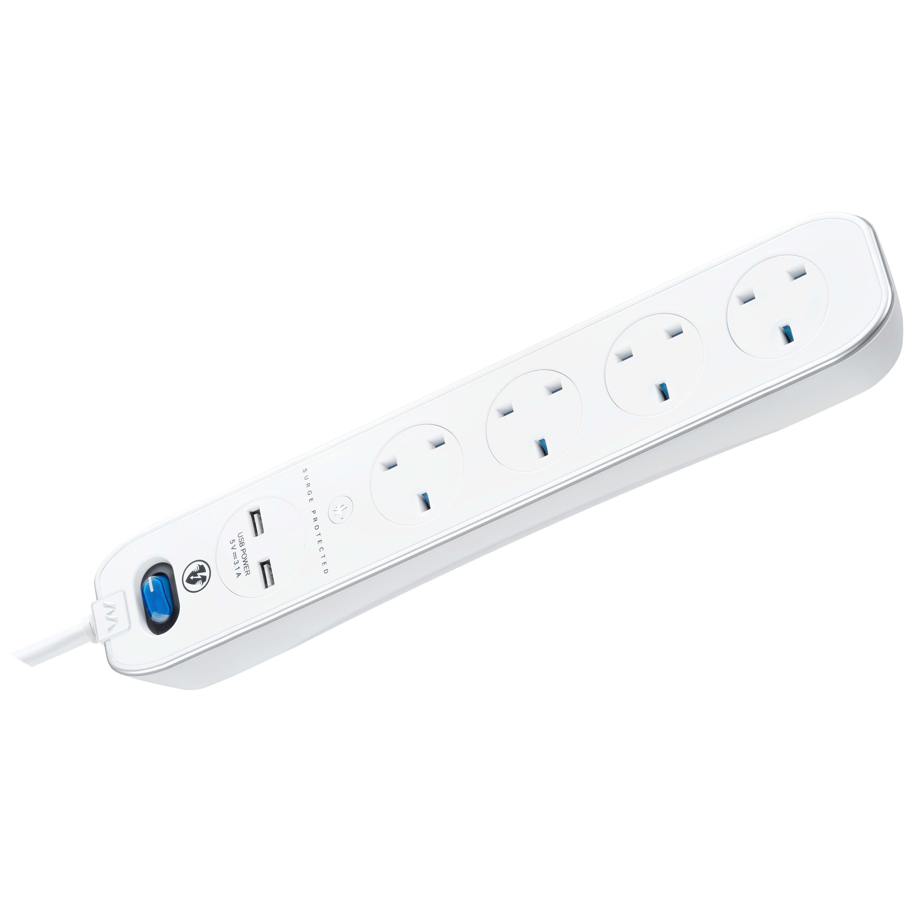 Gloss White - Masterplug - Masterplug 4 Socket 2m USB Inline Extension lead - 5