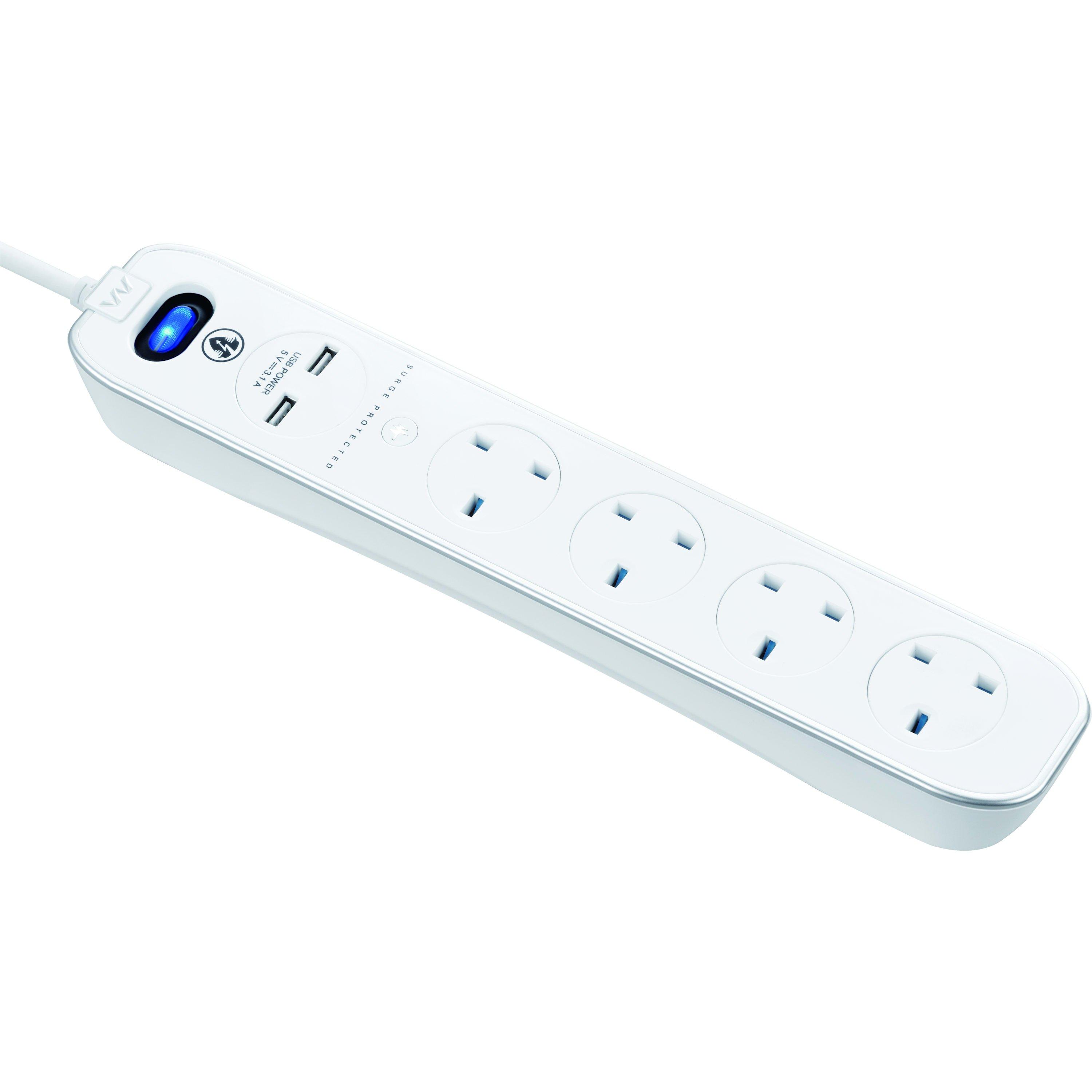 Gloss White - Masterplug - Masterplug 4 Socket 2m USB Inline Extension lead - 8