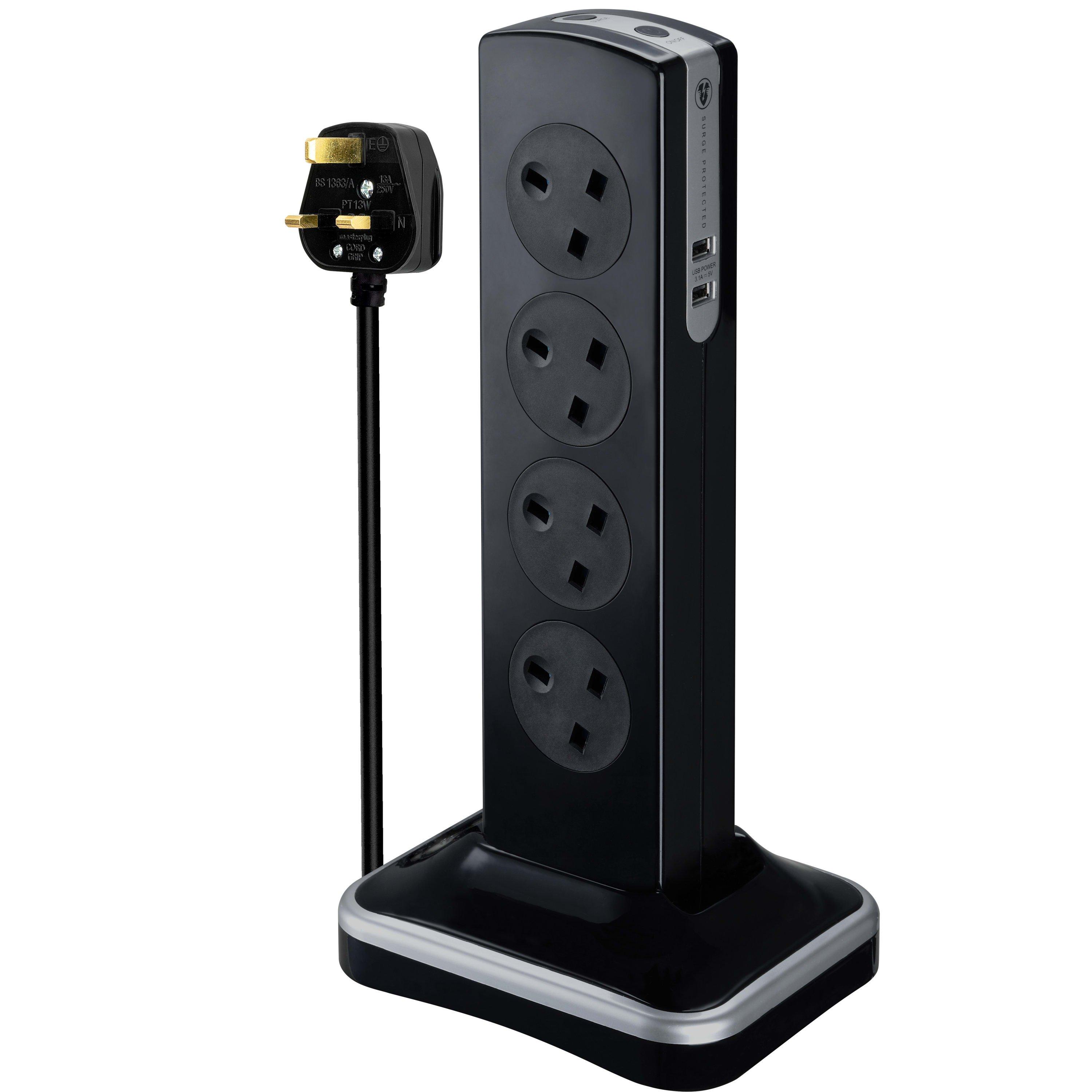 Gloss Black - Masterplug - 8 Socket 2m Switched Extension Tower - 1