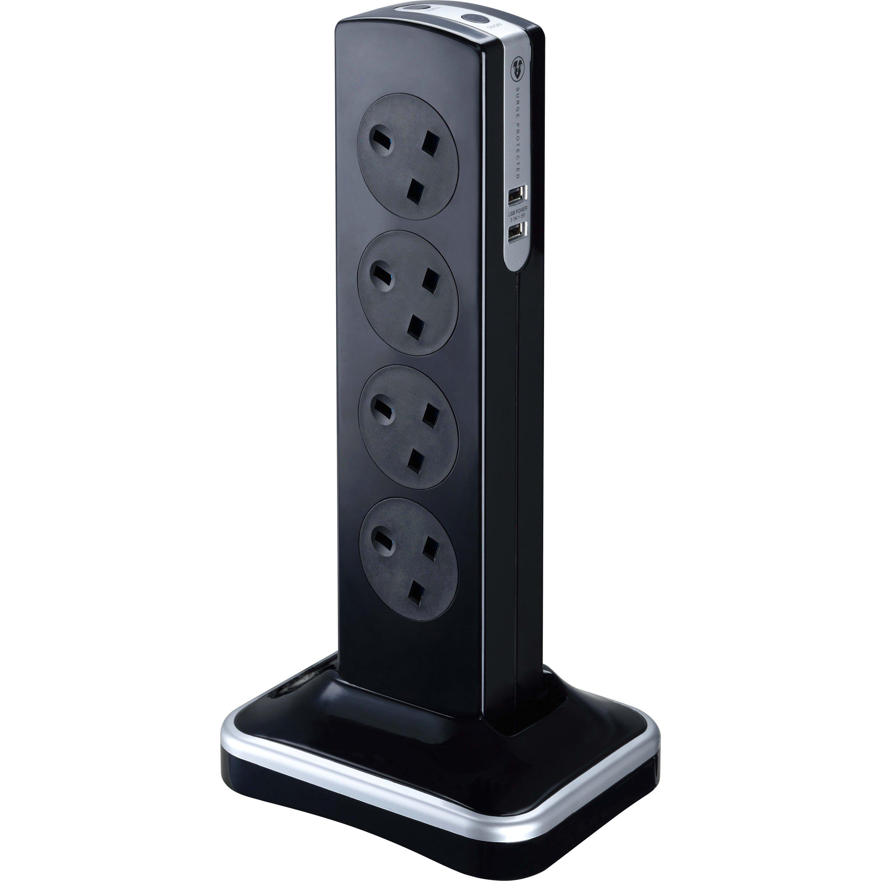 Gloss Black - Masterplug - Masterplug 8 Socket 2m Switched Extension Tower - 2