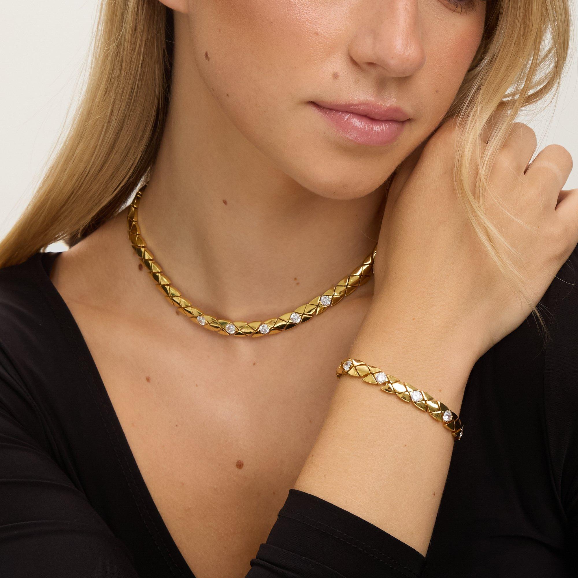 Gold - Jon Richard - 18K Gold Plated Crystal Flat Chain Necklace - 2