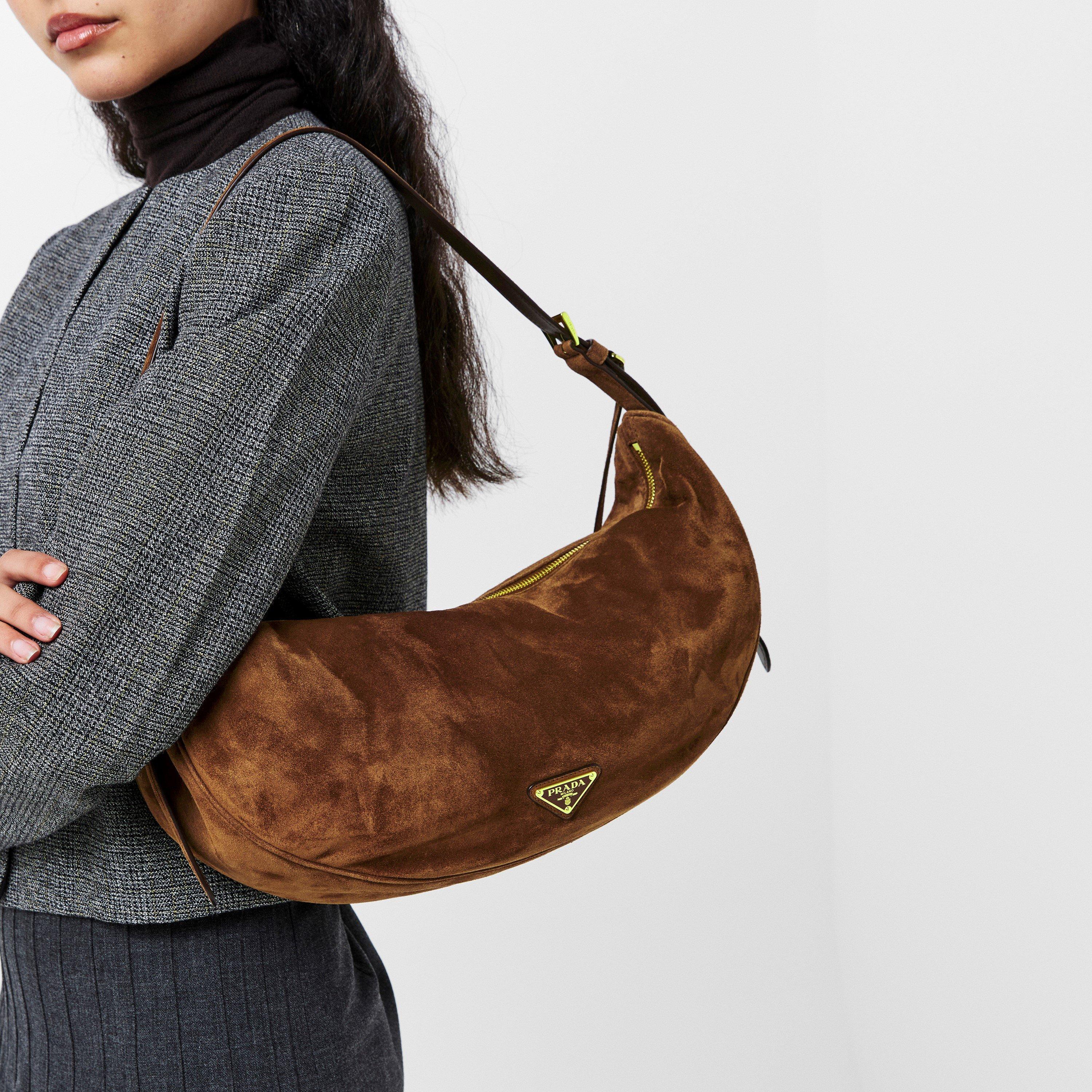 Cacao - Prada - Demi-Lune Large Suede Shoulder Bag - 3